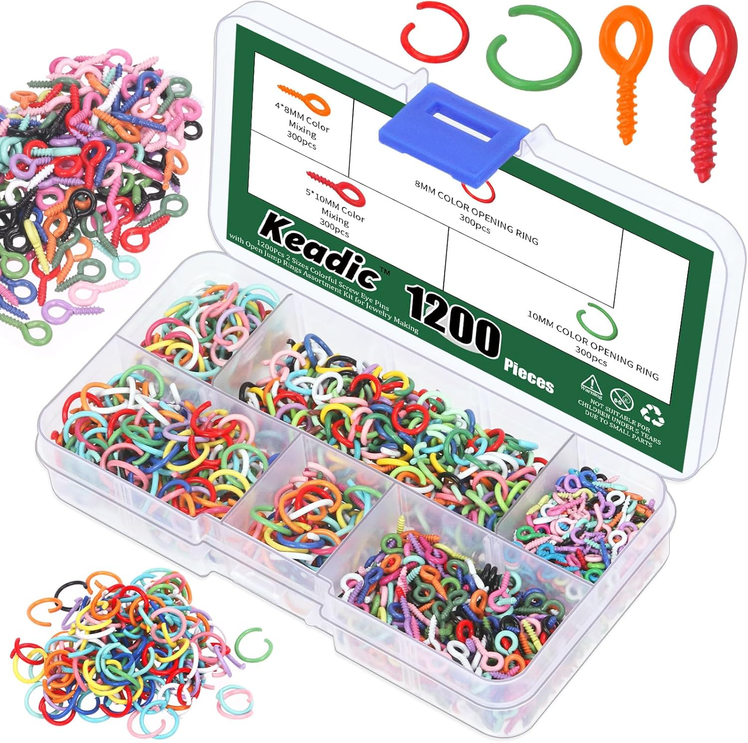 Keadic 1200Pcs 2 Sizes Mini Metal Screw Eye Pins and Open Jump Ring Set, Colorful Jewelry Making Findings Supplies for Cork Bottles Earring Charm Crafting