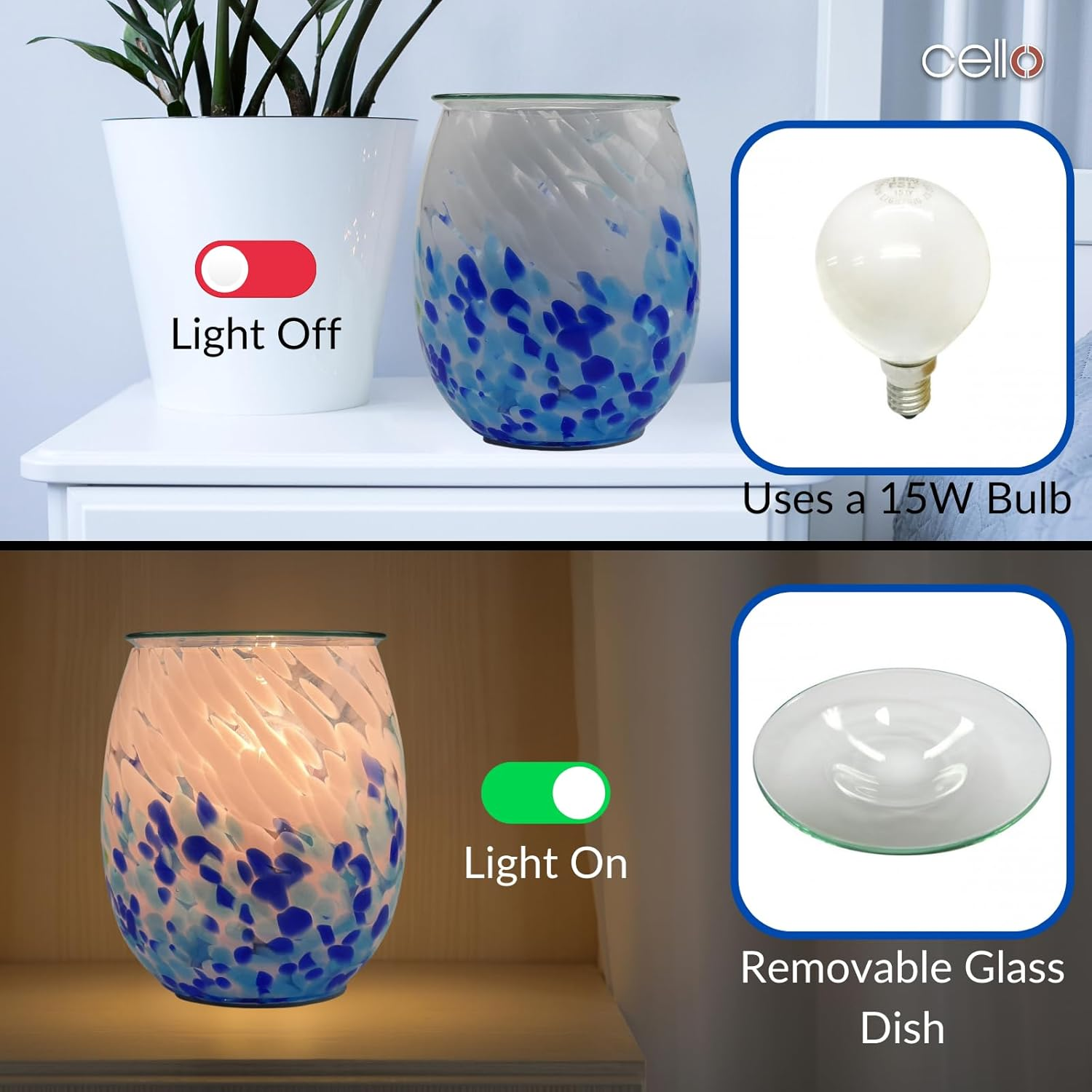 Cello Crashing Waves Art Glass Electric Melt Burner - Wax Melt & Oil Burner. New Home Gifts, Home Decor, Room Decor & Office Accessories. Electric Diffuser with Halogen Light Bulb.