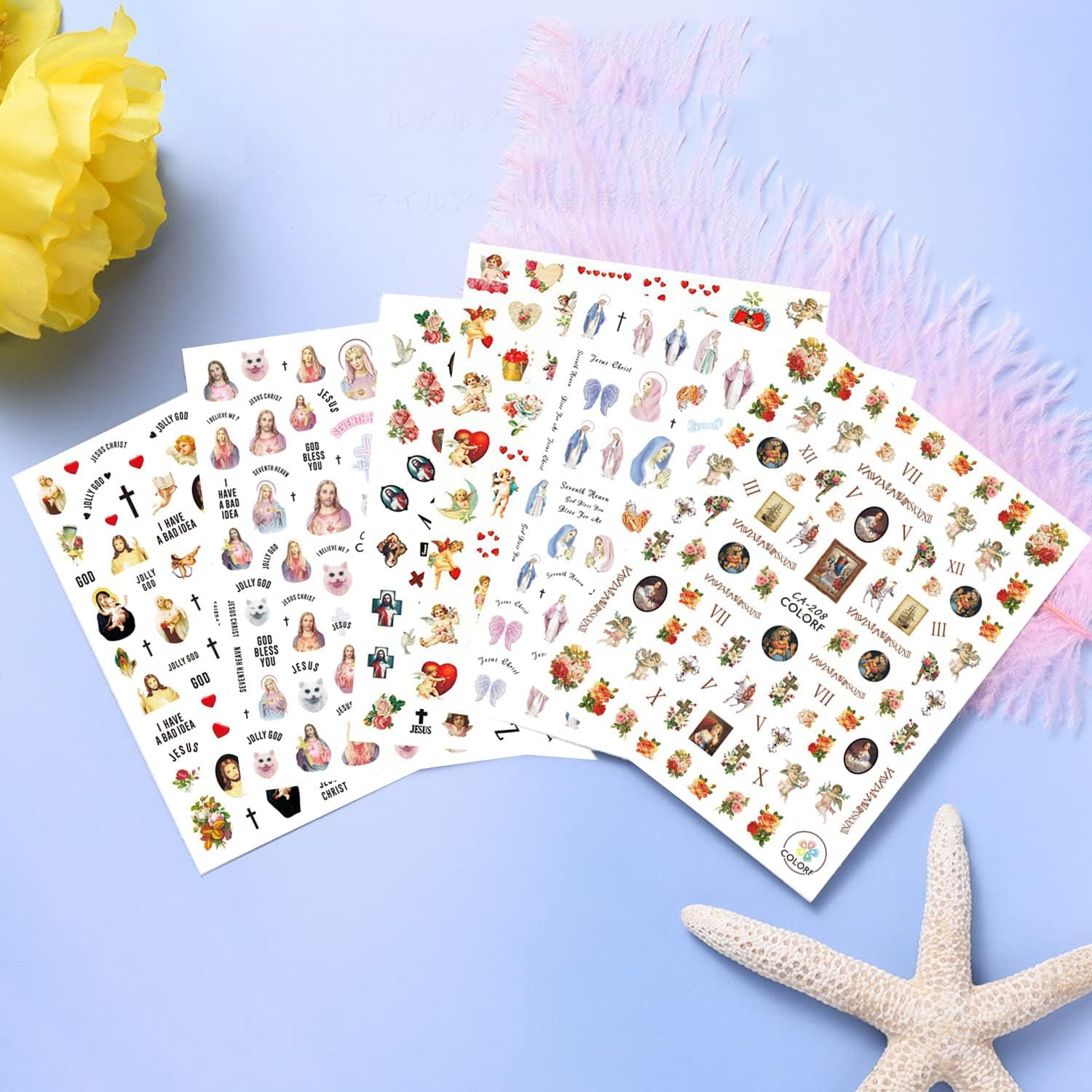 God Jesus Nail Art Stickers, Angel Christ Virgin Maria Love Cupid Flowers Nail Art Decals, Holographic 3D Angel Self-Adhesive Nail Sticker Design for Women Girls Manicure Charms Decorations image number 5