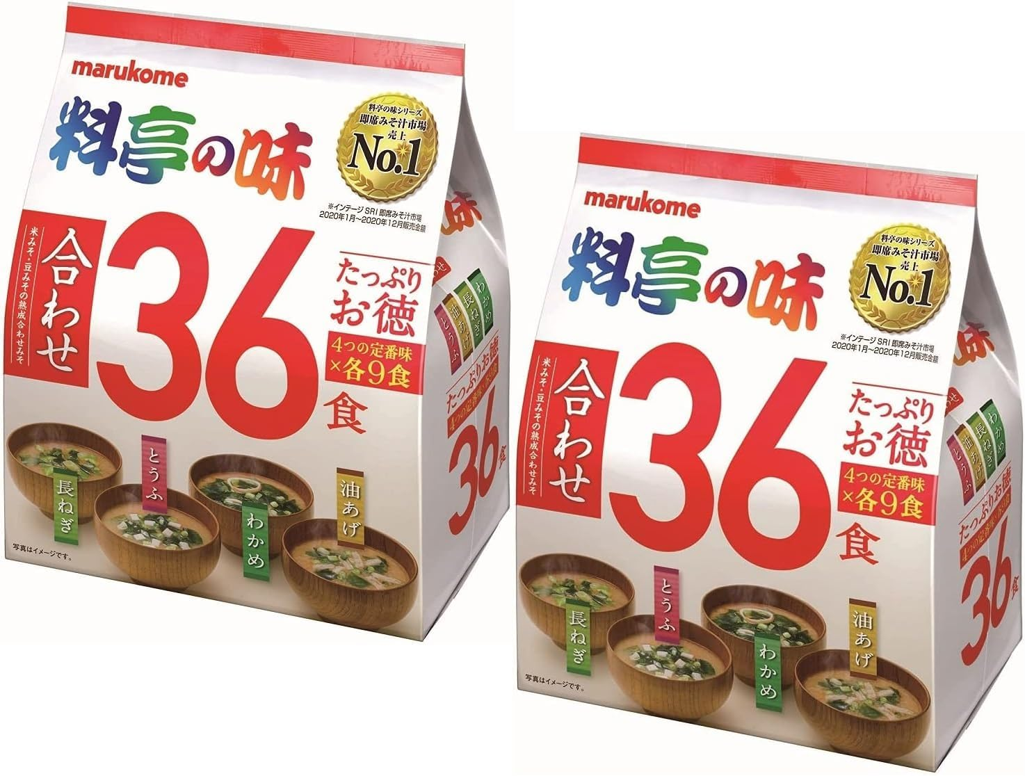 Marukome Miso Soup Ryotei No Aji 4 Flavors, Pack of 36 Japanese Instant Miso Soups (Wakame Seaweed, Green Onions, Tofu, Aburaage), Pack of 2