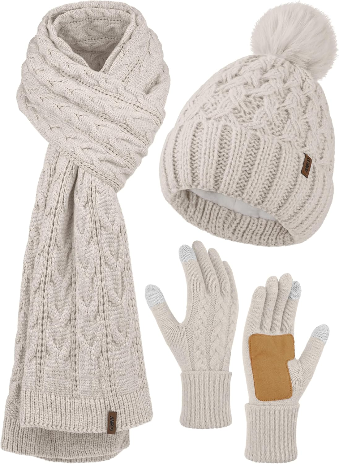 Aneco Women Winter Touchscreen Gloves Scarf Beanie Hat with Pom Pom Fleece Lined Set Thick Warm Knit Cap 3-In-1 Set image number 3
