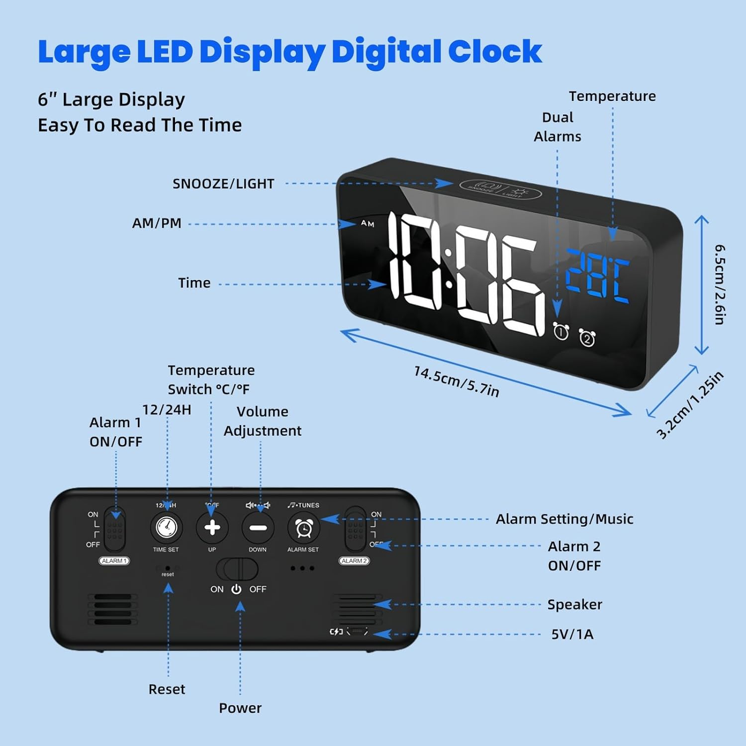 Lecoirrax Upgraded Digital Alarm Clock, Bedside Digital Clock for Kid Adult, Large LED Clock, Snooze, Temperature, 4-Level Brightness, 12/24H, 13 Music USB Rechargeable Clock for Bedroom Office(Black) image number 5