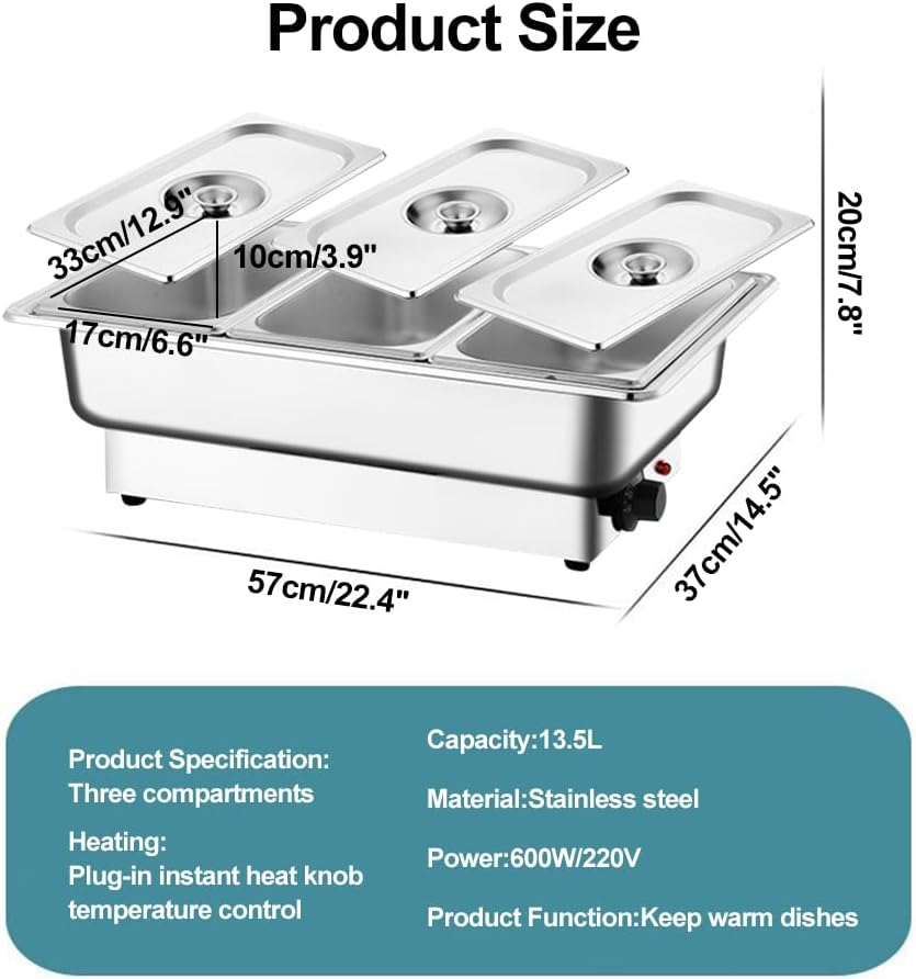 Zertylre 9L Food Warmer Buffet Server, 3 Trays 600W Stainless Steel Electric Adjustable Temperature Freestanding Lids, Chafing Dish Set for Parties, Banquets, Catering Events (9L)
