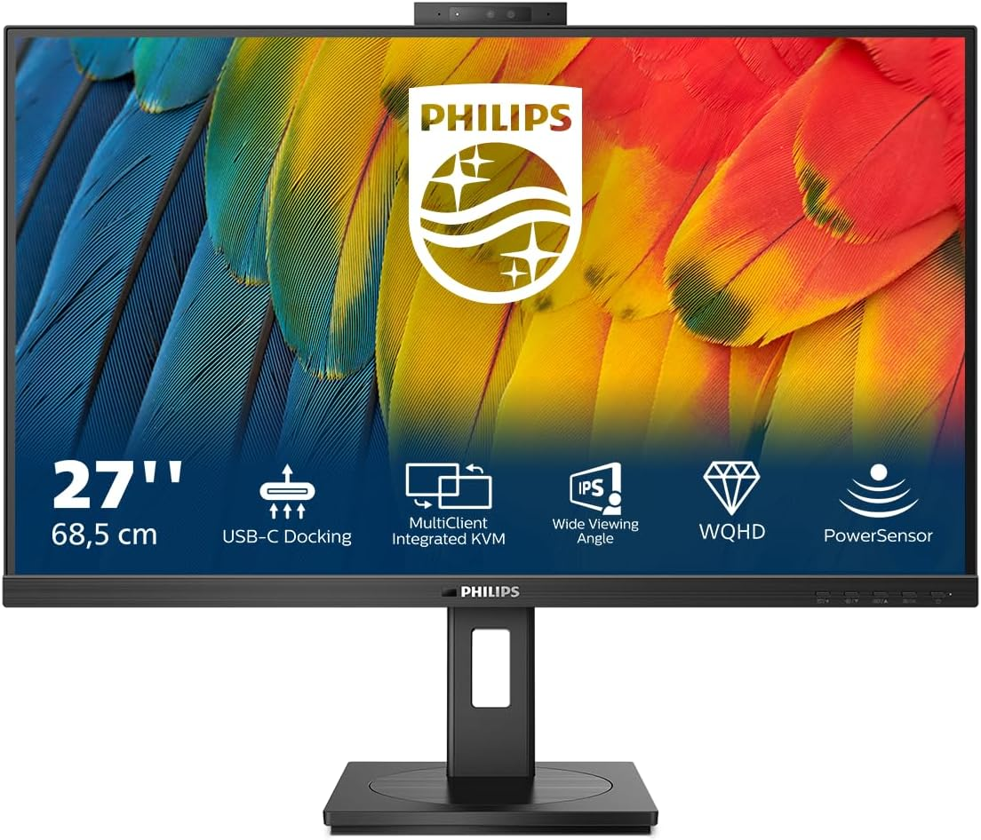Philips 27B1U5601H - 27 Inch QHD Monitor, 5 MP Webcam, Height-Adjustable, Speaker (2560 X 1440, 75 Hz, HDMI, Displayport, USB-C, RJ45, USB Hub) Black image number 2