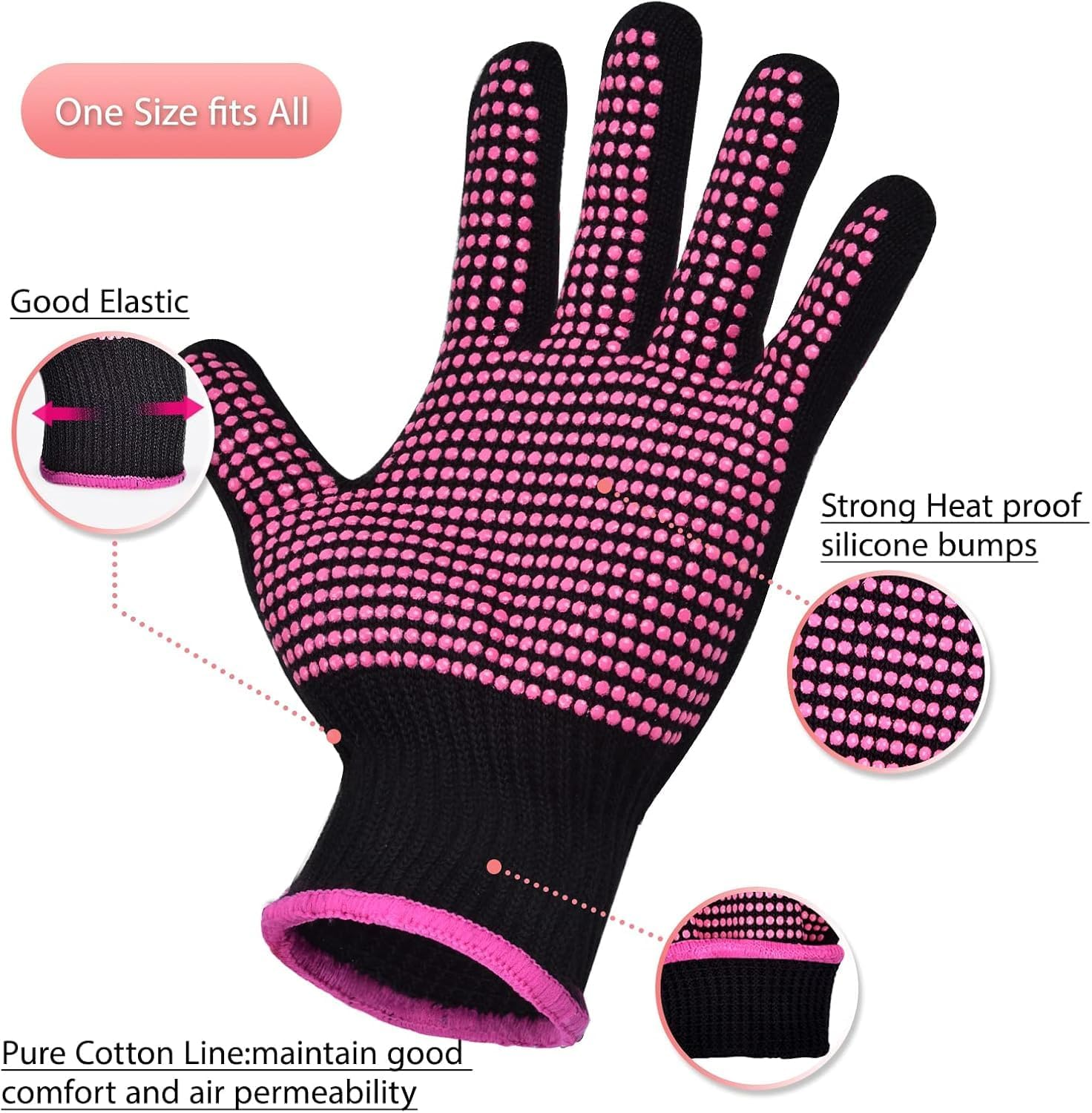 2Pcs Professional Heat Resistant Glove with Silicone Bumps for Hair Styling Curling Iron Wand Flat Iron Hot-Air Brushes Prevent Palm Burns image number 1