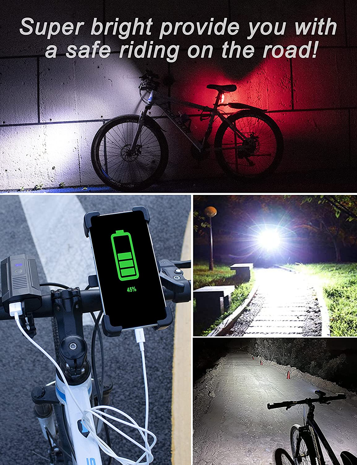 Bike Lights Front USB (Type-C) Rechargeable 1800 Lumen Bicycle Headlight Waterproof Led Bicycle Lighting Flashlight, Easy Install & Quick Release