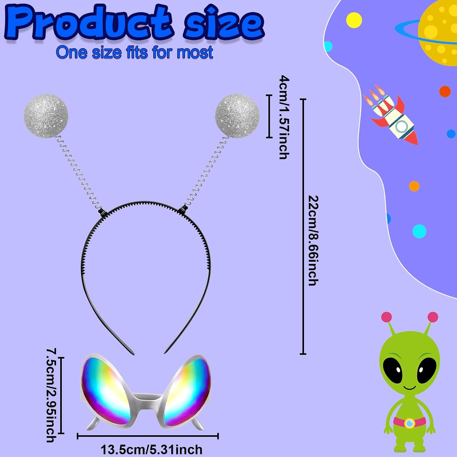 Pack of 2 Alien Glasses Costume Sunglasses, 2 Pieces Funny Martian Antenna Headband, Party Glasses, Decorative Alien Space Costume Cosplay Party Rave Accessories Halloween Carnival, Silver, image number 6