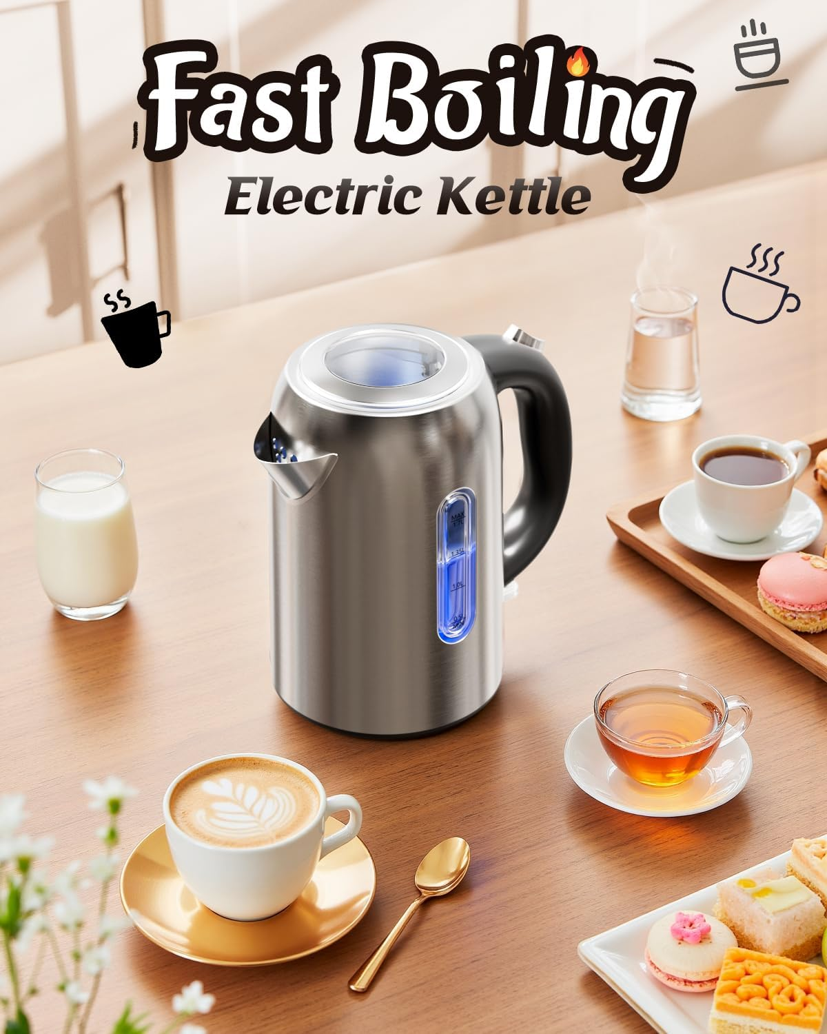 Billord Electric Kettle - 2200W Stainless Steel Kettle with No Plastic Filter & Spout, 1.7L Fast Boiling Water Kettles for Coffee & Tea with Detachable Base, Auto Shut-Off, Boil-Dry Protection image number 6