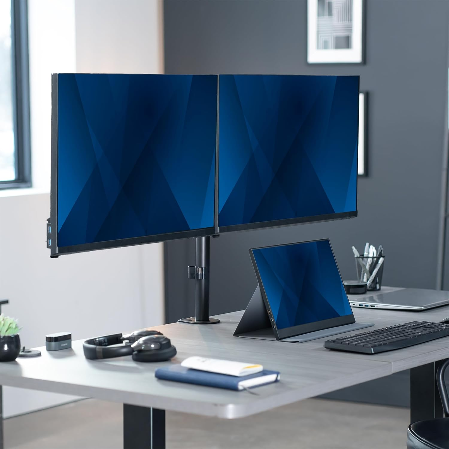 VIVO Dual Arm Computer Monitor Desk Mount with Pneumatic Height Adjustment, Full Articulation, Vesa Stand with C-Clamp and Grommet, Holds 2 Screens up to 32 Inches (Stand-V002K) image number 5