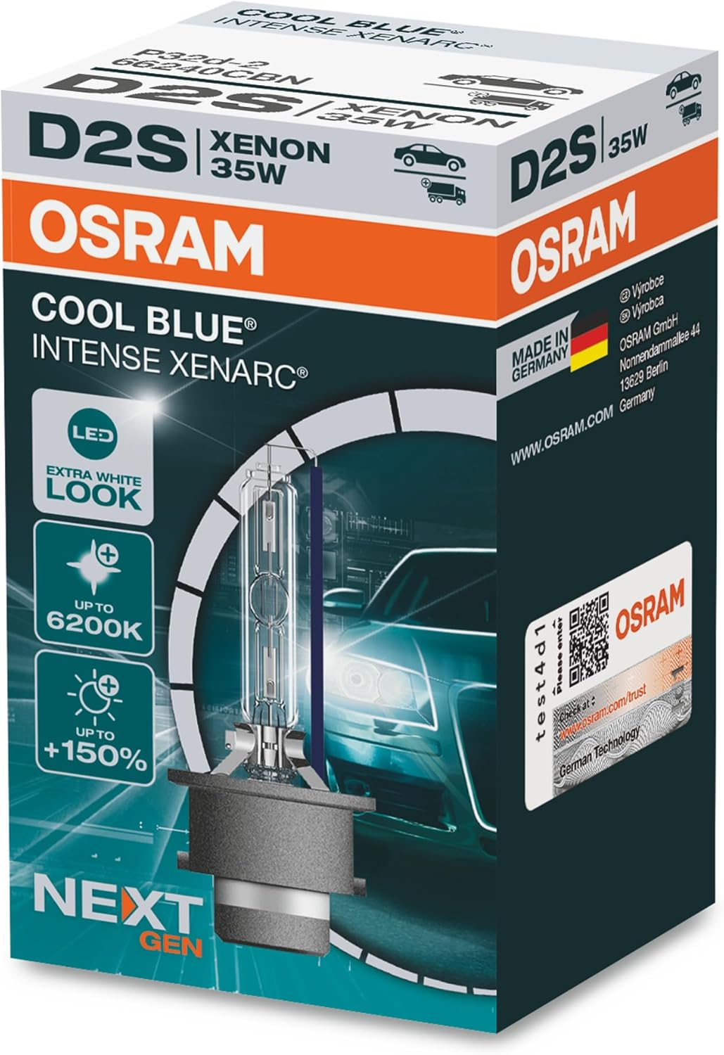 OSRAM Cool Blue&reg; Intense HIR2, +100% More Brightness, up to 5,000 K, Halogen Headlight Lamp, LED Look, Folding Box (1 Lamp)