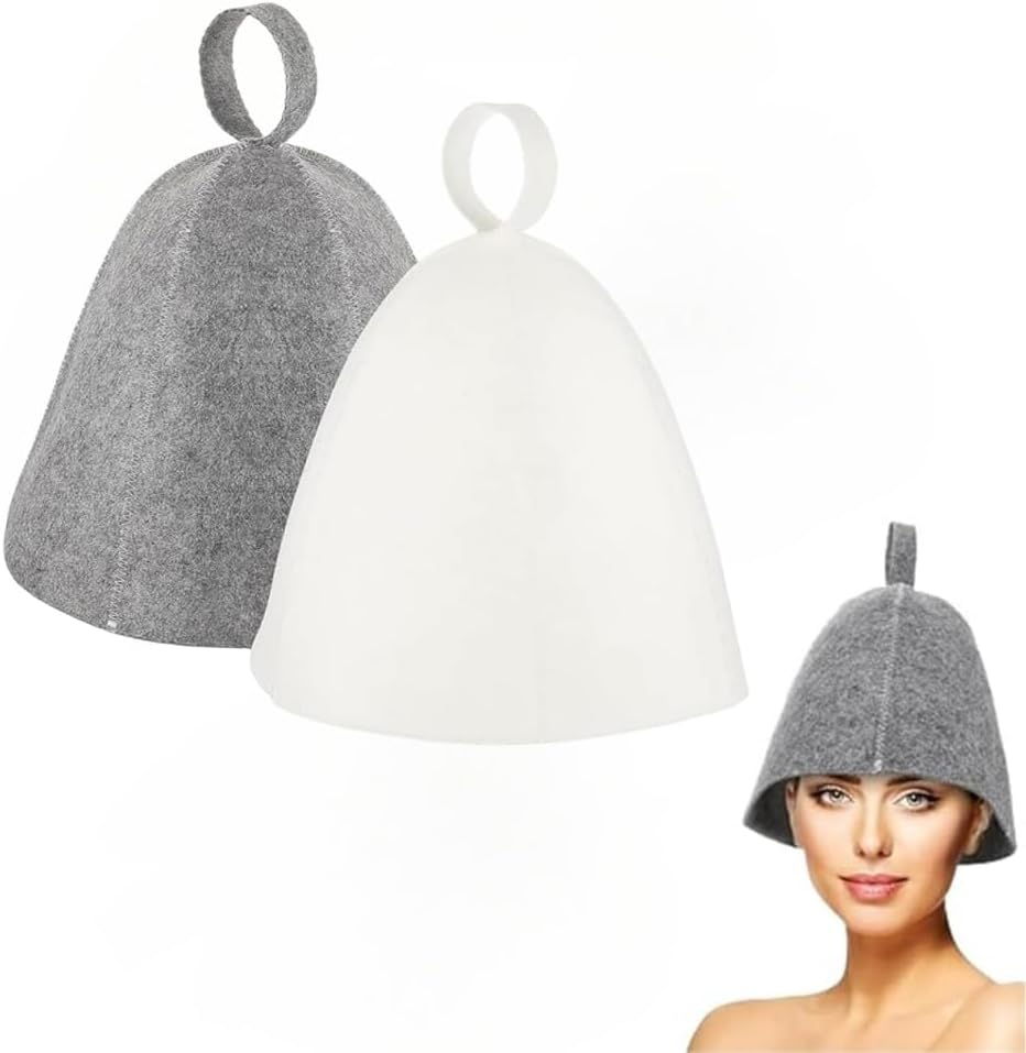 FACAING 2Pcs Wool Sauna Hat for Men and Women - Breathable Cap, Vaporarium and Steam Bath Accessories, Universal Sauna Shower Cap for Spa, Gym and Home Use (Grey and White, One Size) image number 2