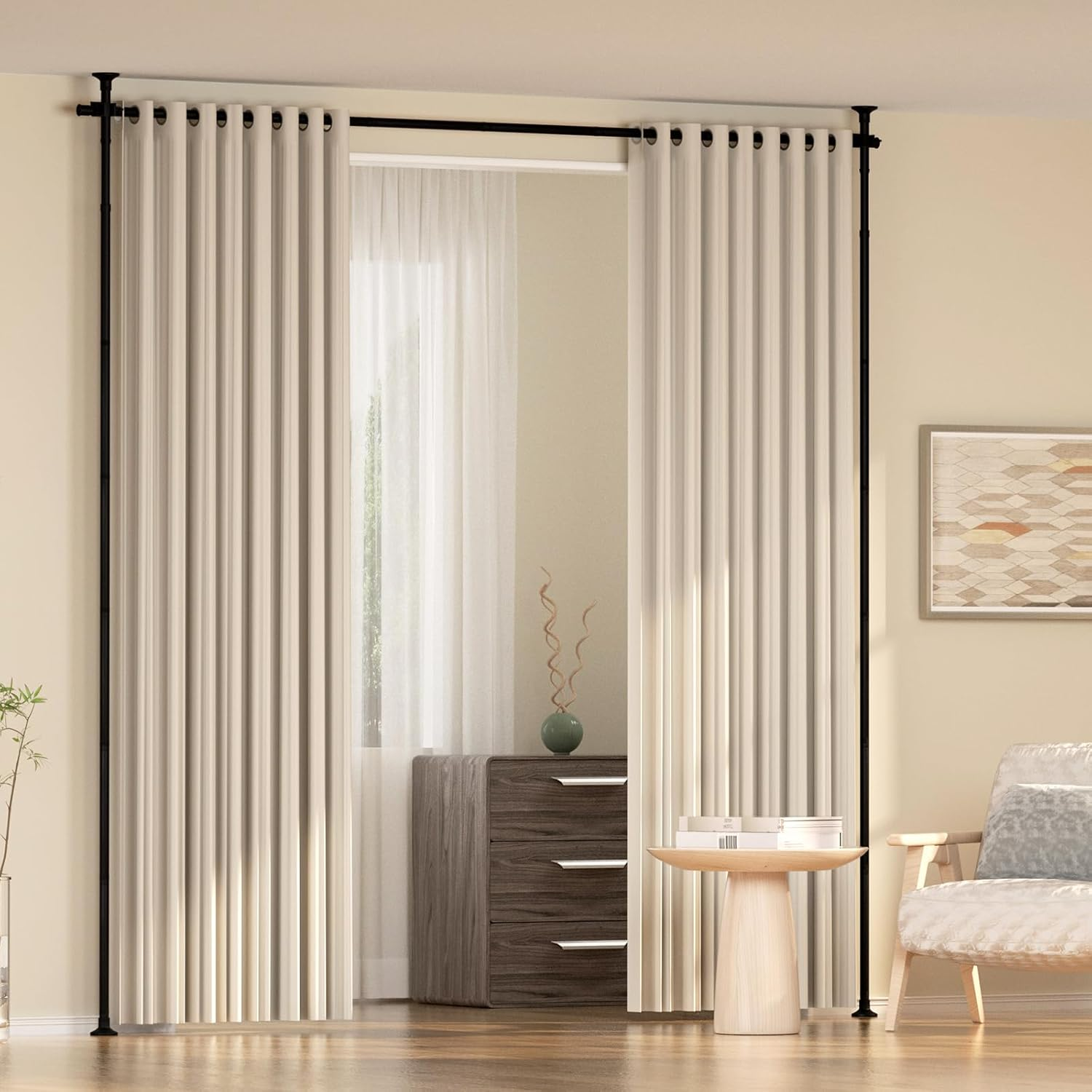 Kokorona Room Divider Curtain Rod, Vertical Tension Rod, No Drilling Floor to Ceiling Freestanding Curtain Rod Damage Free, 71-188 Cm(W) 1.2-3 M(H) Expandable Curtain Divider Stand for Room Separation image number 5