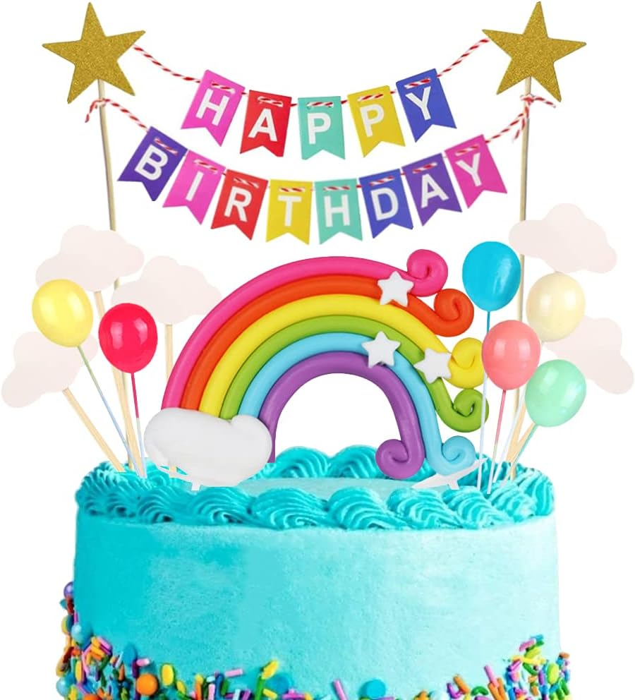 Xihuimay 15Pcs Cake Topper Set: Happy Birthday Banner, Rainbow, Cloud, Star & Balloon Picks for Boys & Girls Birthday Party Decoration image number 4
