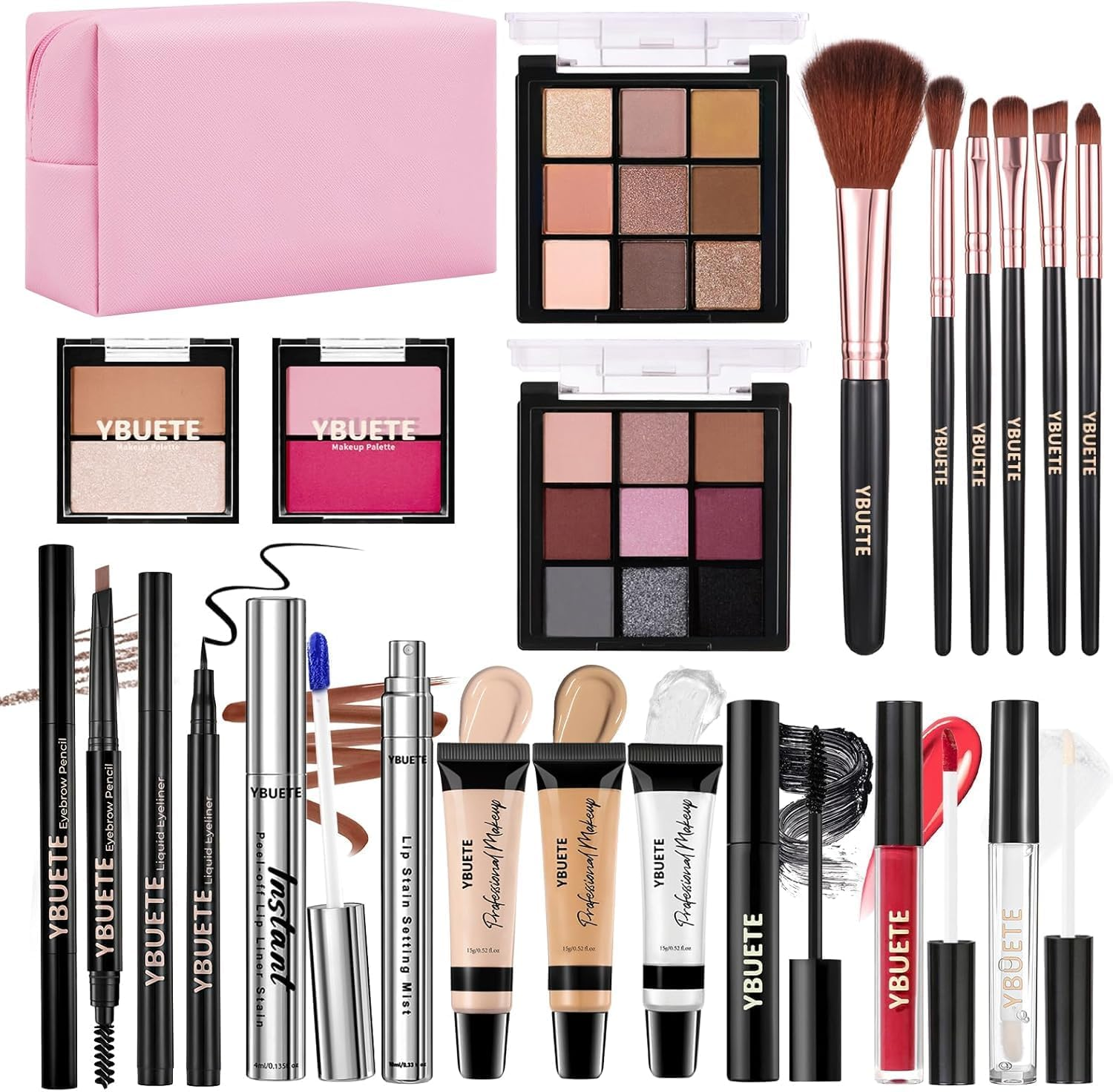 YBUETE Makeup Full Kit for Beginners Girls Women, Travel Makeup Set Present for Her,Cosmetic Set Include Eyeshadow Blush Lip Gloss Peel off Lip Stain Eyeliner Mascara Eyebrow Pencil Cosmetic Bag