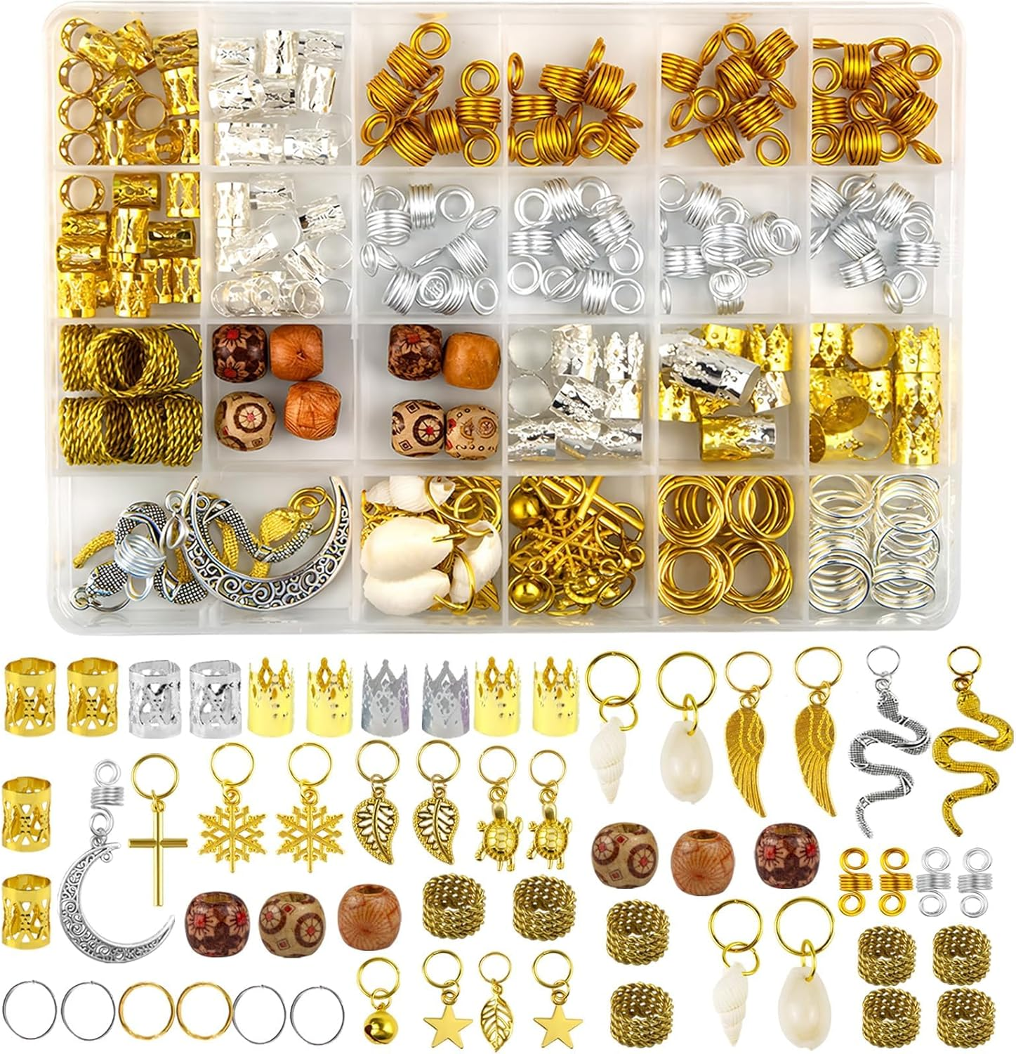 ZANZER 241 Pcs Hair Beads for Hair Braids Set, Hair Jewelry Metal Gold Braids Rings Cuffs Clips , Metal Hair Adornments, Gold Silver Hair Rings Accessories , Hair Charms Braid for Unique and Stylish Hairdos (Gold + Silver)