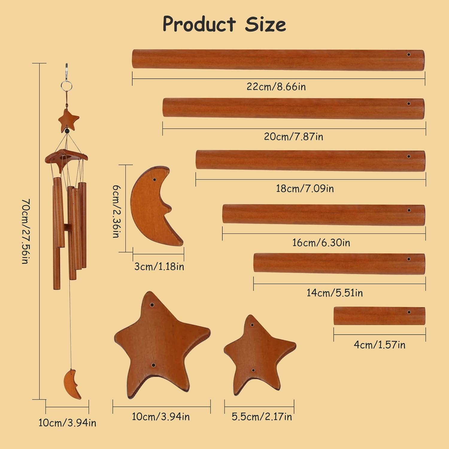 Bamboo Wind Chime, 70 Cm Wooden Wind Chime, Garden, Star Moon Wind Chime with 5 Matching Tubes, Wind Chimes for Outdoor Hanging, for Garden, Yard, Patio and Home Decoration