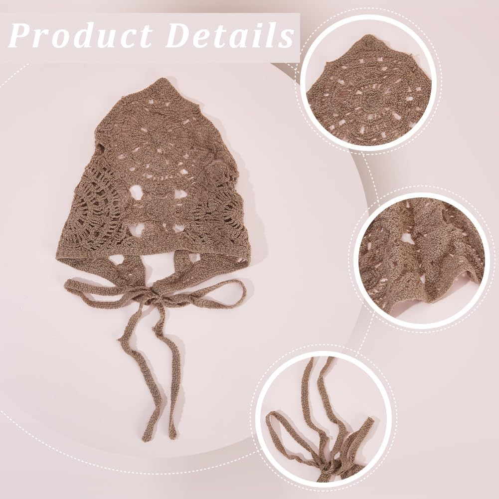 CABODYALS 3Pcs 3 Colours Crochet Bandanas Headbands Beige Black Gray Vintage Knitted Head Hair Scarf Knit Lace Floral Hollow Triangle Headscarf for Women Bridal Wedding Styling Dress Party Accessories image number 1
