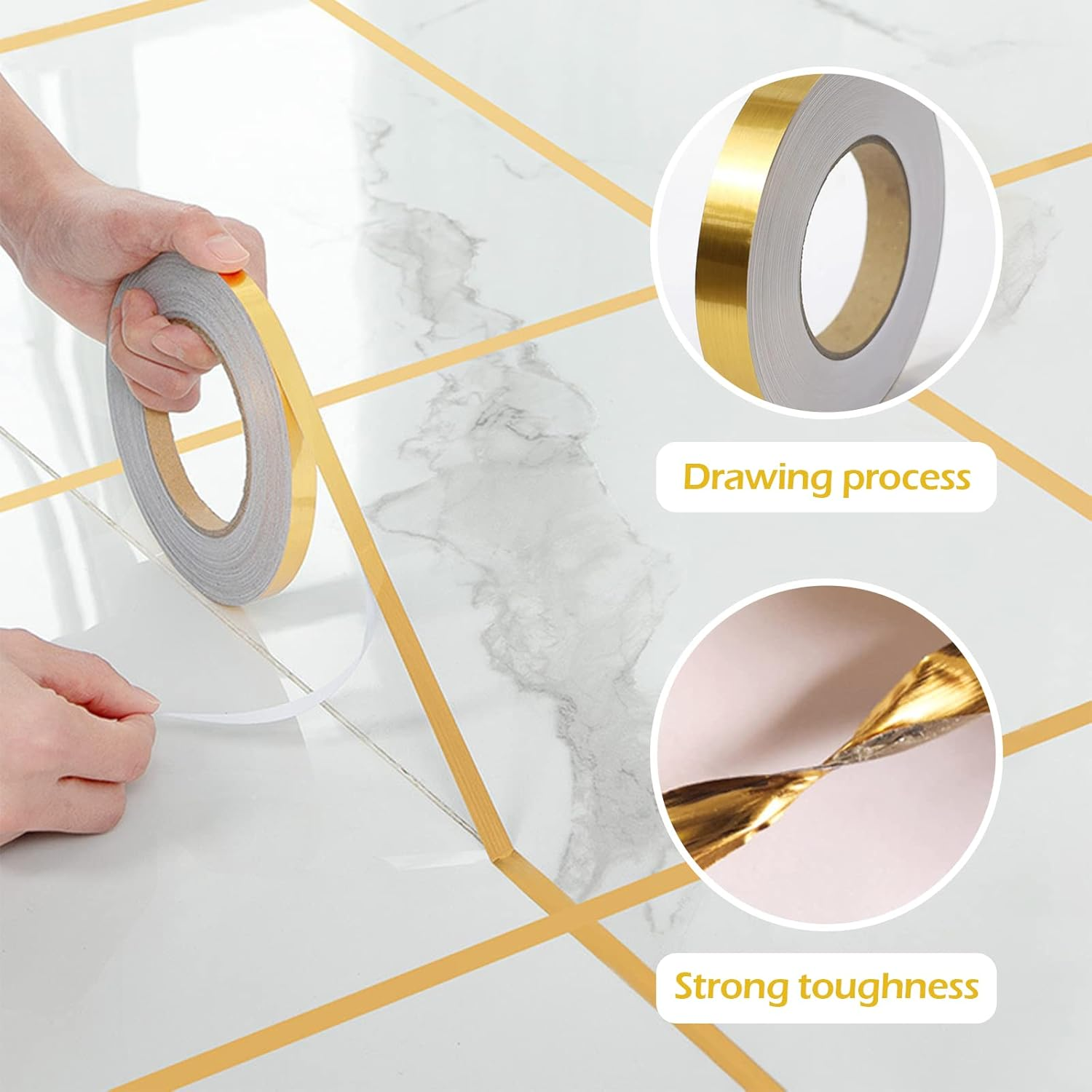 3 Sizes Self Adhesive Metalized Polyester Film Tape Waterproof, Floor Tile Gold Foil Lines Tape, Tile Seam Stickers for Cabinet Bathroom Kitchen Decor Graphic Arts (Gold) image number 3