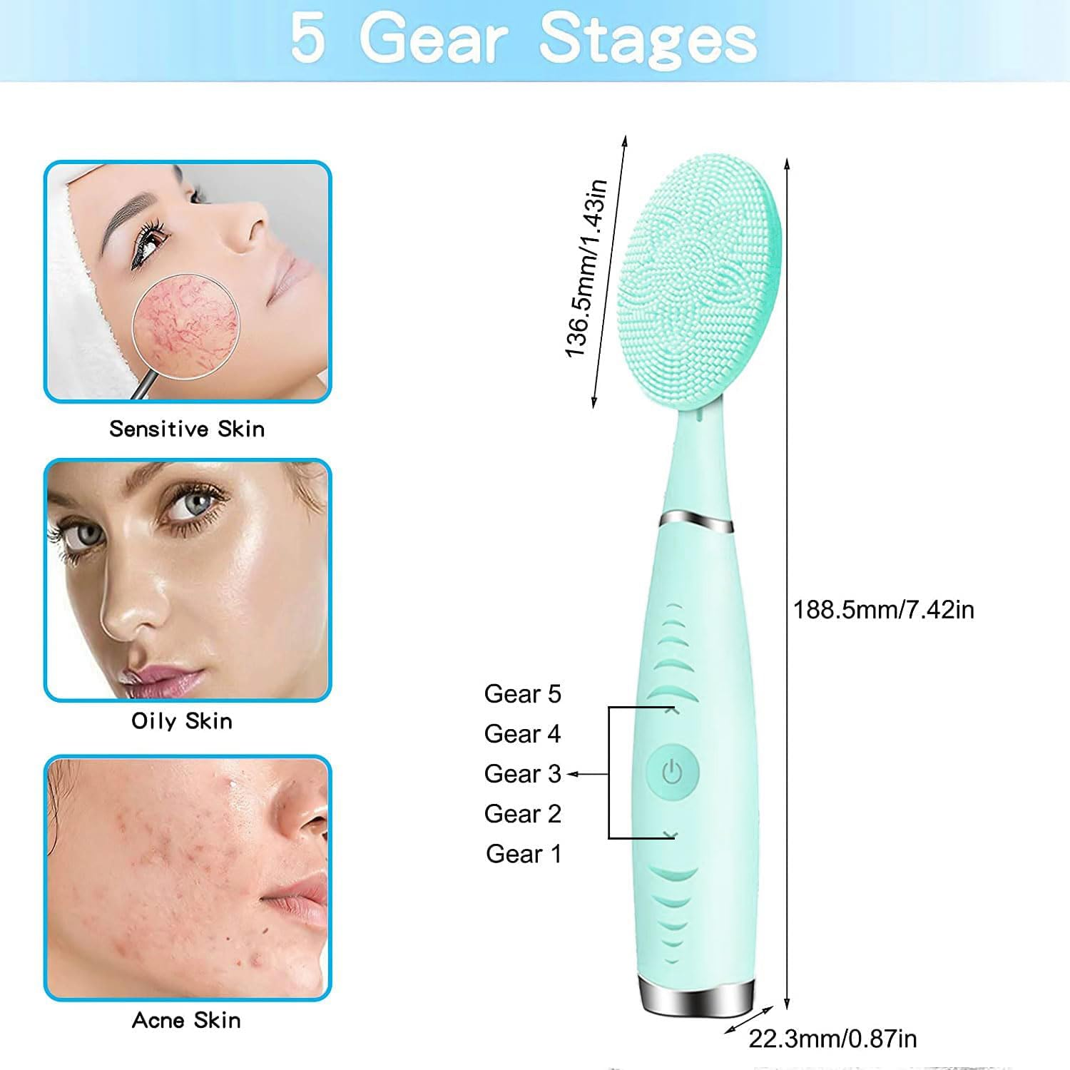 Sonic Facial Cleansing Brush, Lyrzzey Portable Handled Face Cleansing Brush with 5 Adjustable Speeds Vibrating Rechargeable Face Cleansing Brush for Deep Cleaning Gentle Exfoliating Massaging(Blue) image number 1