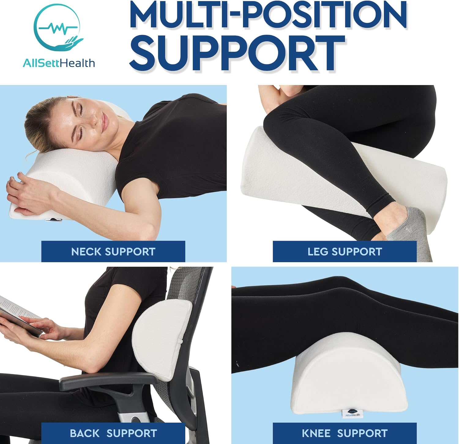 Allsett Health Half Moon Bolster Pillow for Legs, Back and Head (2 Pack) Semi Roll for Ankle and Foot Comfort with White Cotton Machine Washable Cover | Premium Memory Foam | 2 Pillow System image number 5