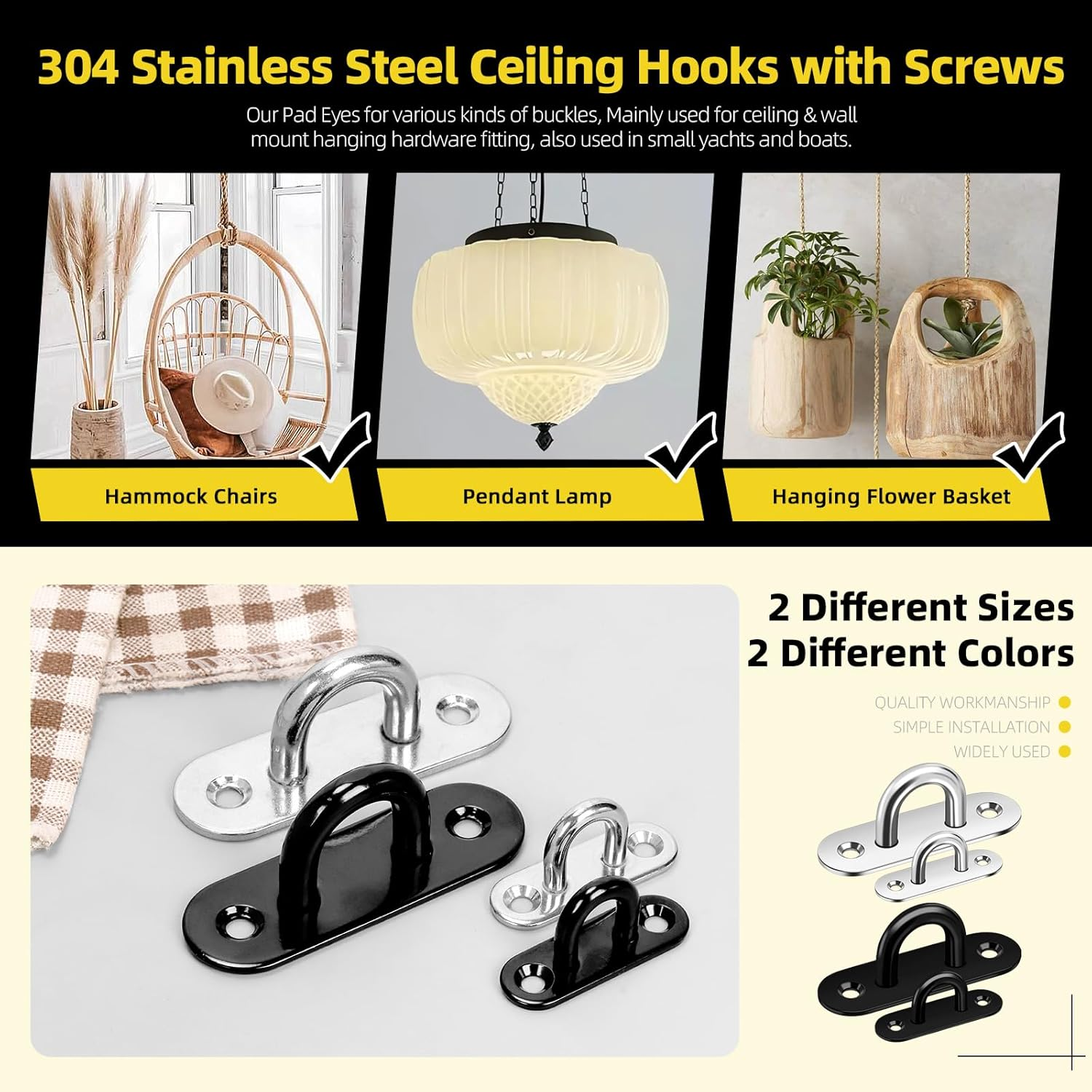 Mardatt 4 Pack M5 304 Stainless Steel Pad Eye Plate U Hooks, Marine Hardware Hook with Screws Anchors, Heavy Duty Ceiling Hooks Pad Eyes Plate, Black image number 1