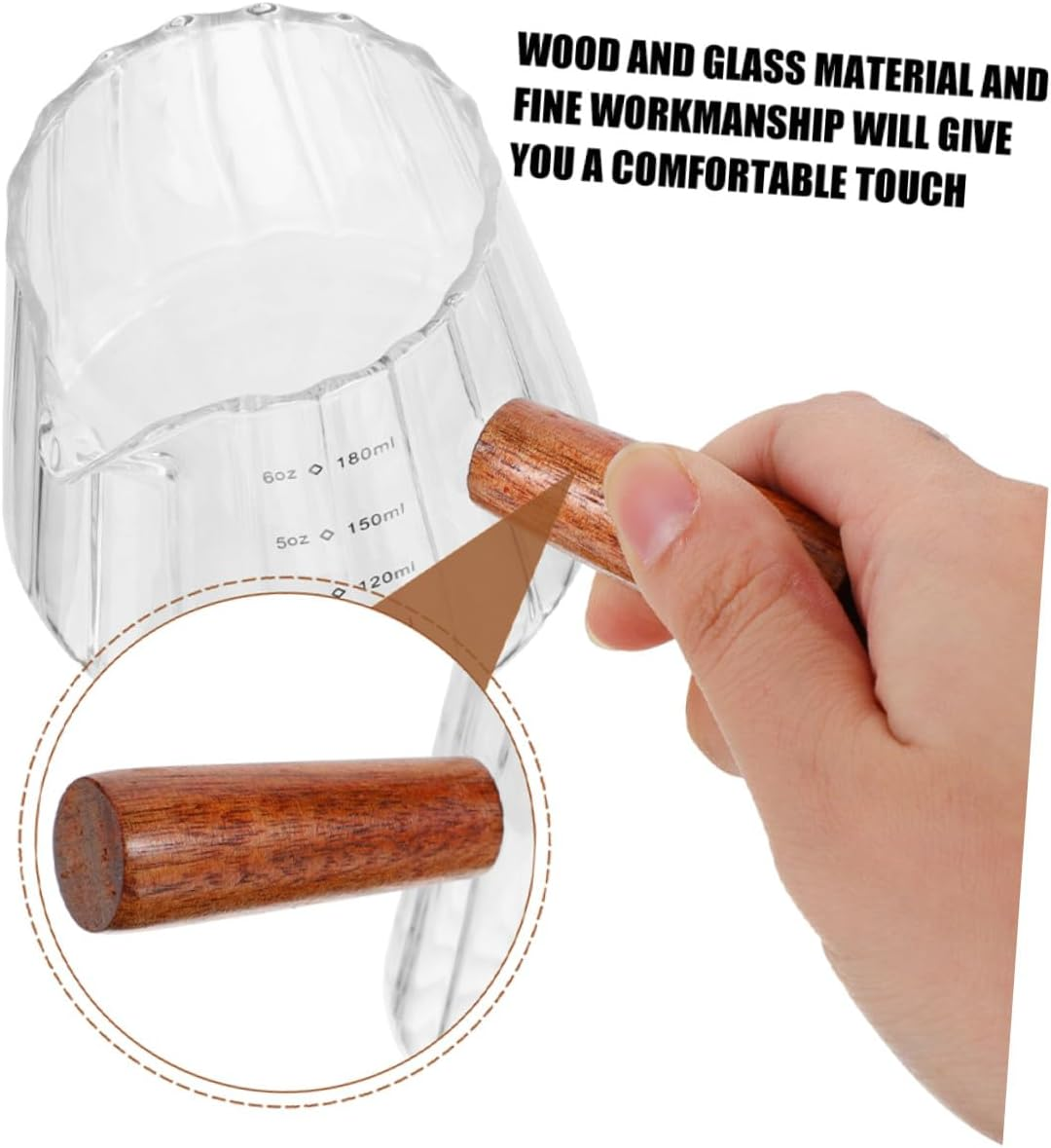 TOYZFRIENDY Glass Milk Pitcher and Frothing Cup with Wooden Handle, Heat-Resistant Multi-Function Measuring Syrup and Coffee Glass Set (2Pcs) for Home and Espresso Brewing image number 5
