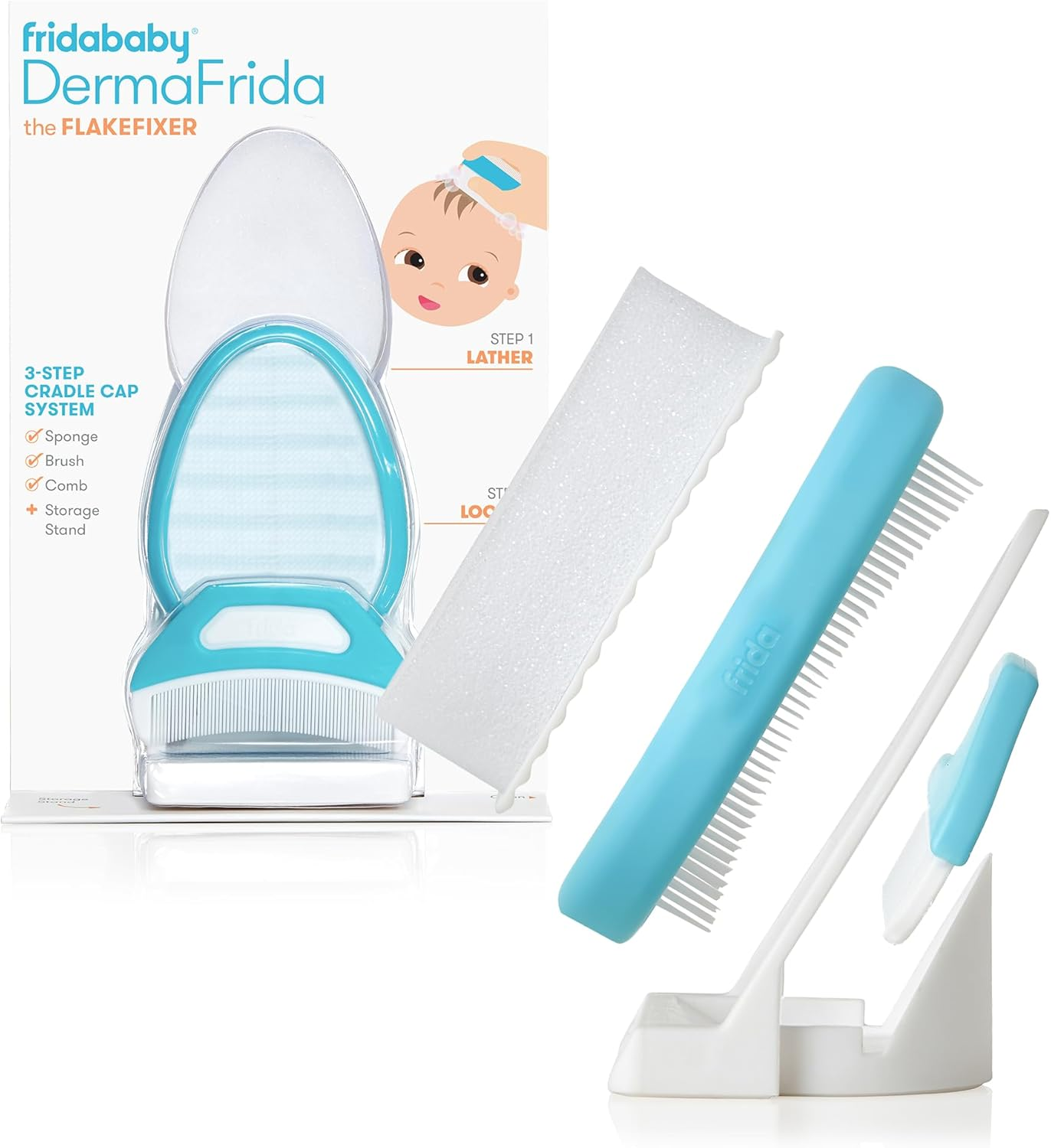 The 3-Step Cradle Cap System by Fridababy | Dermafrida the Flakefixer | Sponge, Brush, Comb and Storage Stand for Babies with Cradle Cap