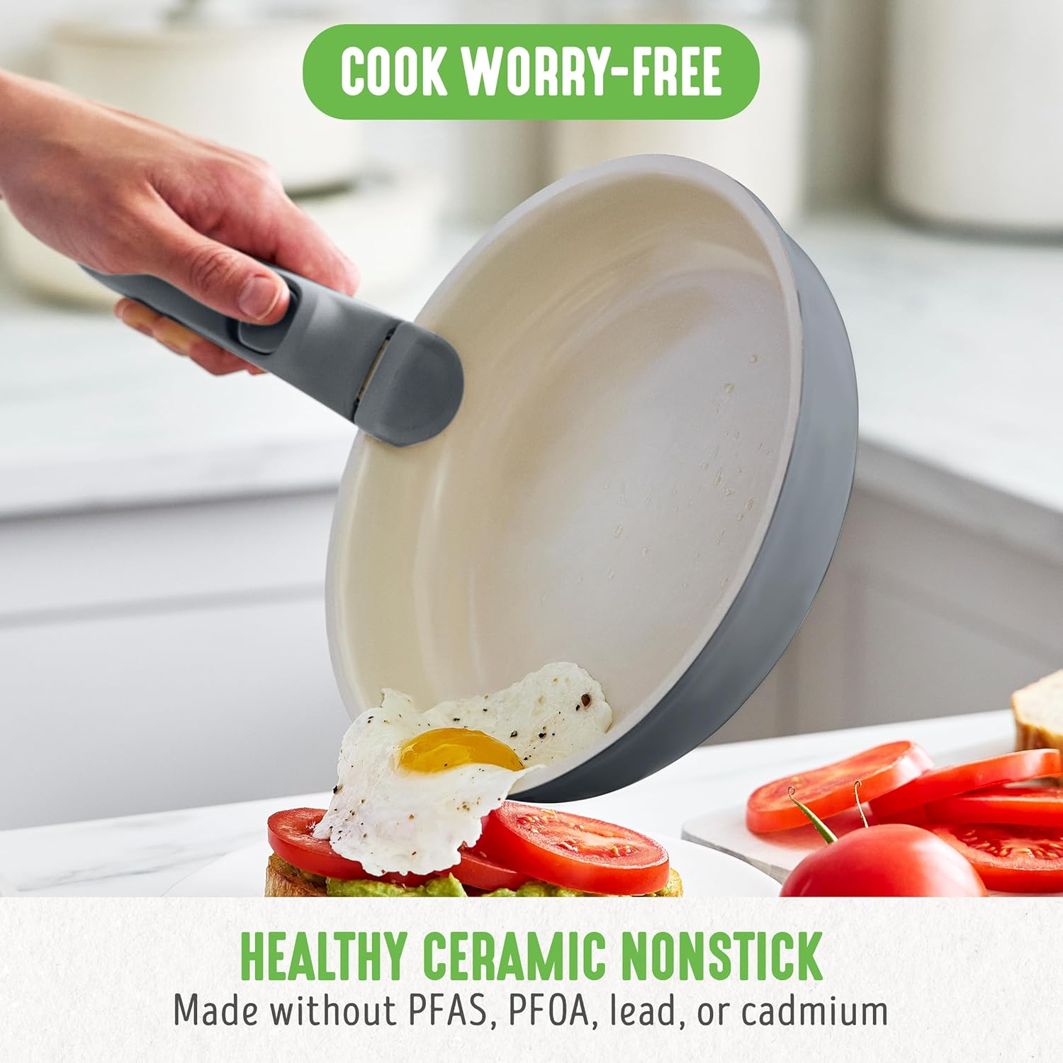 Greenlife 10 Piece Ceramic Pots and Pans Set, Nonstick Detachable & Stackable Cookware Set, Induction Kitchen Pans, Space Saving with Removable Handle, Oven Safe, Non Toxic Pfas-Free, Graphite - Greenlife image number 6