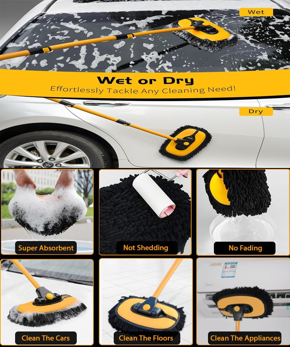 Mumoo Bear 15&deg; Curved Car Cleaning Brush with Telescopic Handle 43" Aluminum Alloy Long Rod Wash Mop for Washing Caravan Van Truck Boat RV Roof Soft Chenille Head Duster Clean Product Scratch Free image number 1