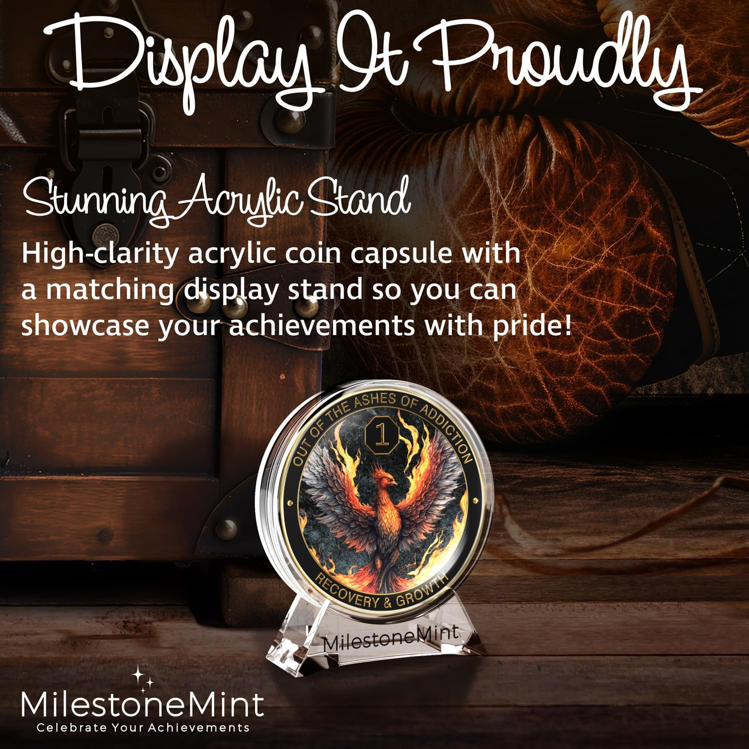 Milestonemint Phoenix Sobriety Coin | AA Chip Medallion Gift Set with Coin Capsule, Display Stand & Card for Sober Men & Women in Recovery | Sobriety Gifts for Anniversary Month & Year (1 Year) image number 6