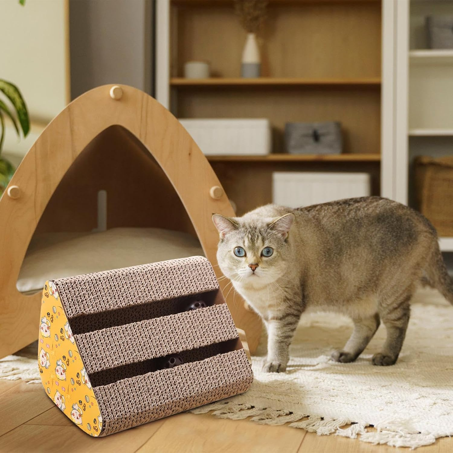 Cat Scratcher Ramp | Cat Scratcher Toy - Multi-Use Cat Scratching Board Toy, Ramp Cardboard Cat Scratcher, with Sound Bell, for Cat Stress Relief image number 1