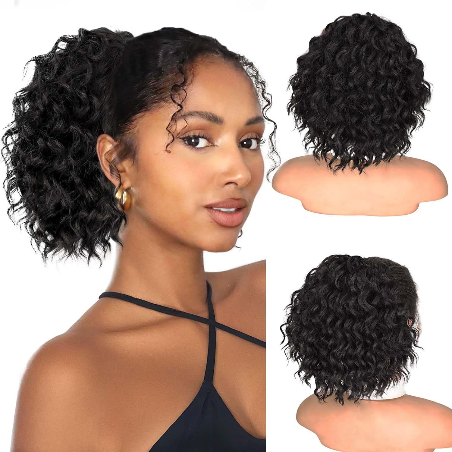 Isaic Ponytail Extension 8 Inch Short Wavy Curly Ponytails Drawstring Ponytail for Black Women Jet Black Pony Tails Hair Extensions Synthetic Hairpiece for Daily Use image number 2
