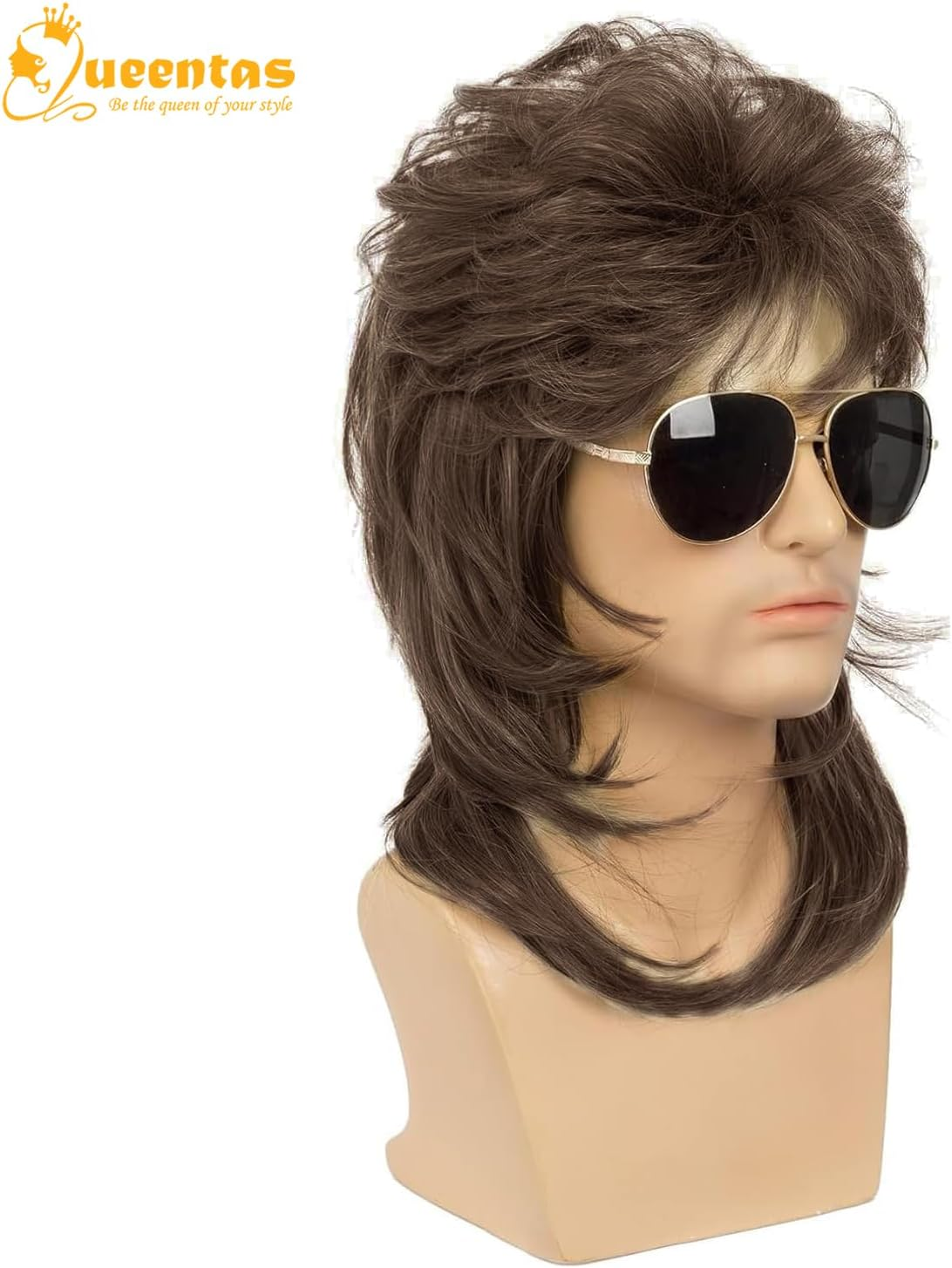QUEENTAS Mullet Wigs for Men Brown 80S Costumes Adult Funny Wig Fancy Party Accessory Cosplay Pop Rock Hair image number 4