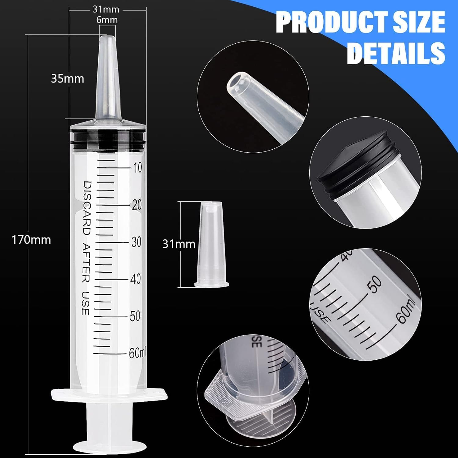 5Pcs 60Ml Plastic Syringe with Caps No Needle,Plastic Syringe with Cap Disposable Feeding Syringe Sterile Package Measuring Syringe,Large Plastic Sterile Syringes without Needle for Pet Feeding image number 5