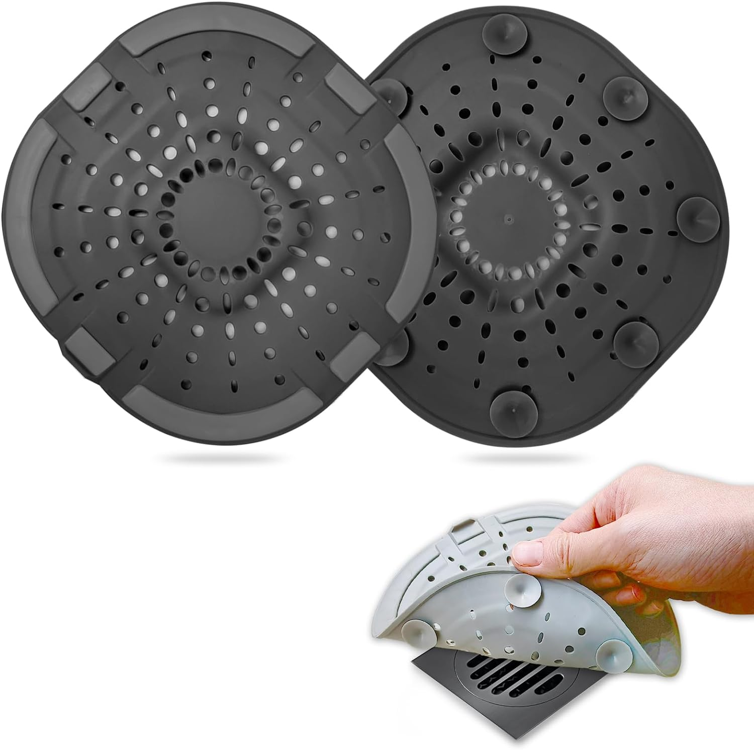 Bovinde Hair Catcher,Square Hair Drain Cover for Shower Silicone Hair Stopper with Suction Cup,Easy to Install Suit for Bathroom,Bathtub,Kitchen(Grey 4 Pack)