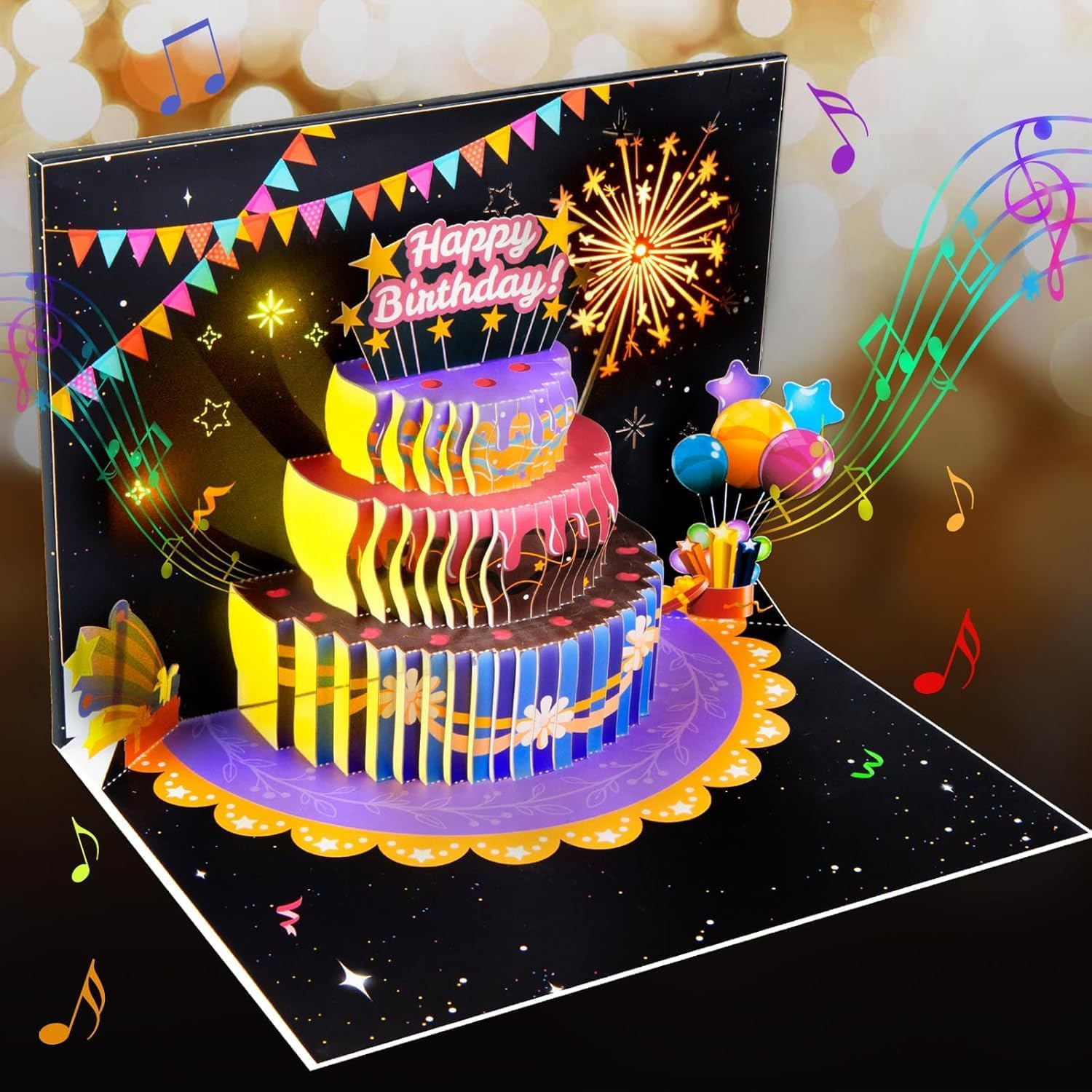 Musical 3D Birthday Cake Pop-Up Card with LED Lights and Music &ndash; Happy Birthday Card with Fireworks and Balloons &ndash; for Kids, Adults, Friends, and Family &ndash; Birthday Gift with Envelope and Notecard - Dinosaurs image number 6