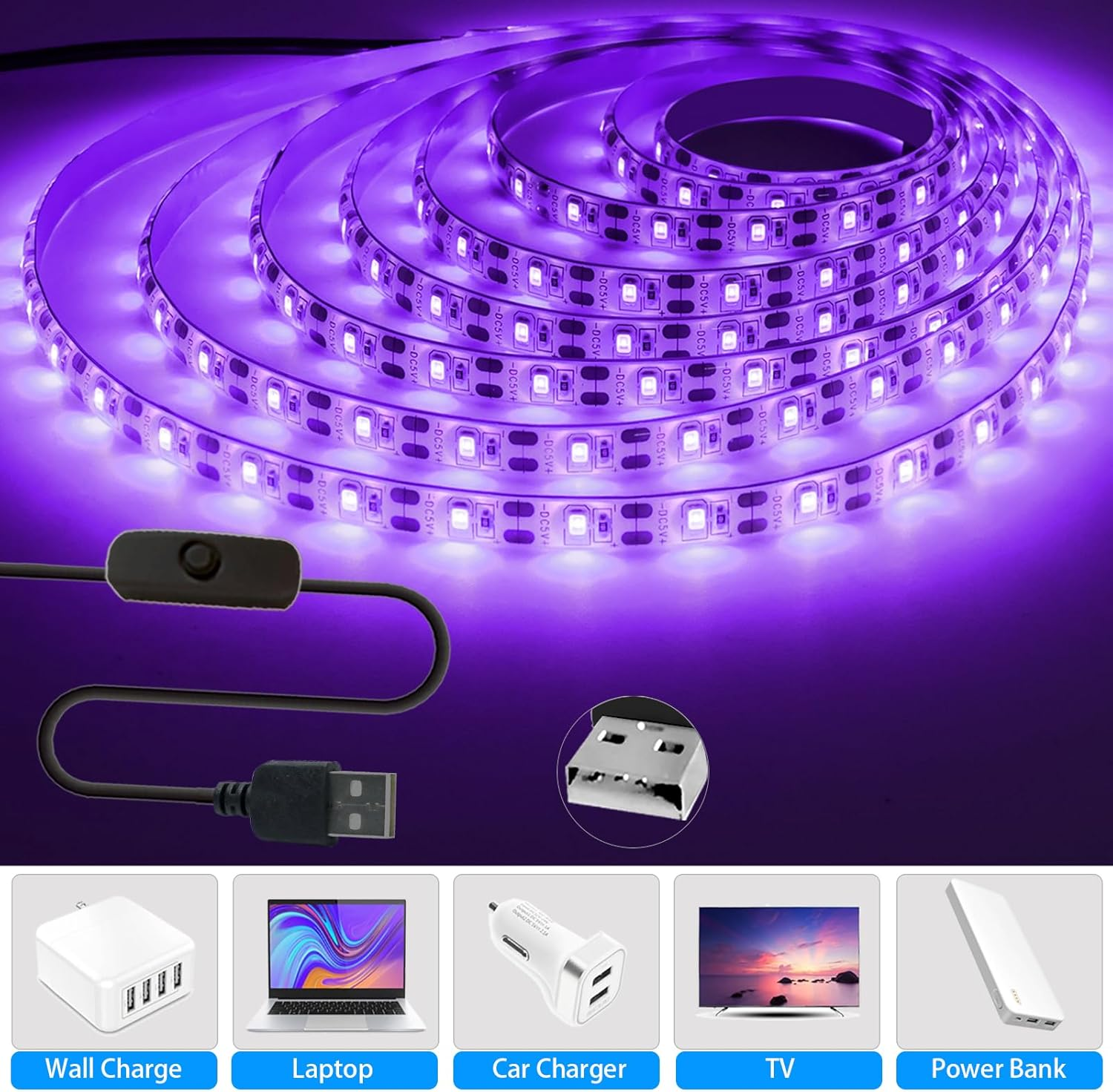Tesfish UV LED Strip, 5V USB 3M Black Light Ribbon with Switch SMD 2835 395Nm-405Nm IP65 Waterproof Total 180 Leds Strip Light for Bar, Halloween Party, Club, Decoration - 5 V Usb image number 4