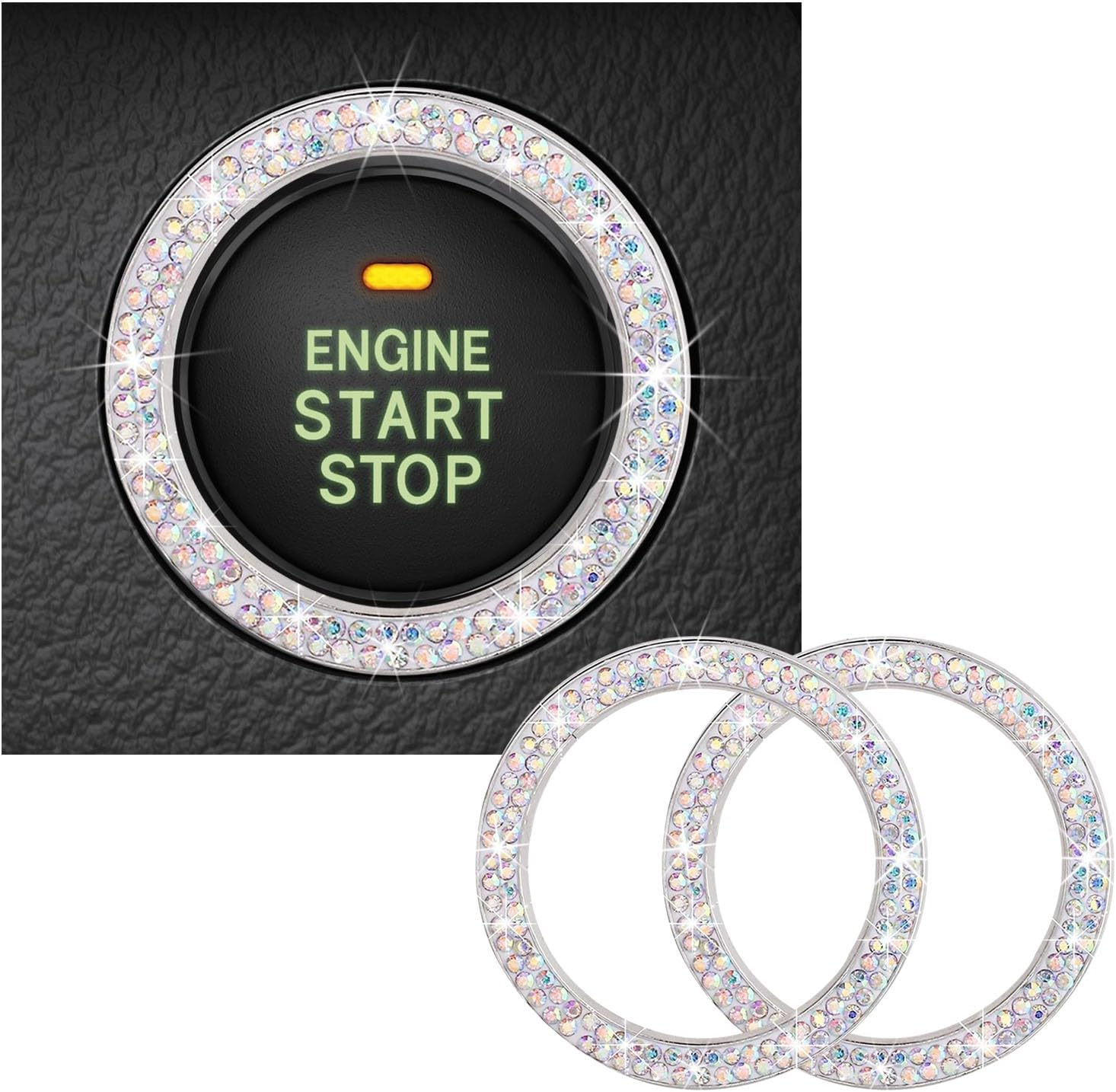 Kewucn Bling Crystal Double Rhinestone Car Engine Start Decoration Ring, Sparkling Push Start Button Sticker, Key Ignition & Knob Ring Decoration, Bling Car Interior Accessory(White)