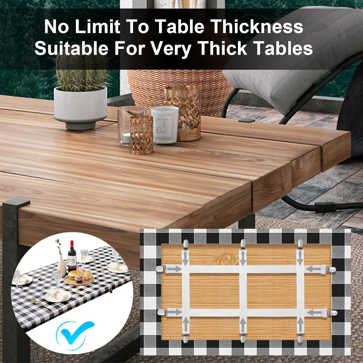 Table Cloth Holder Clips Hidden Strap 6 Pack, Adjustable Elasticity Picnic Tablecloth Clip Indoor Outdoor Large Clamp for Thick Tables Bench Cover Party Restaurant Camping RV Essential Accessories image number 2