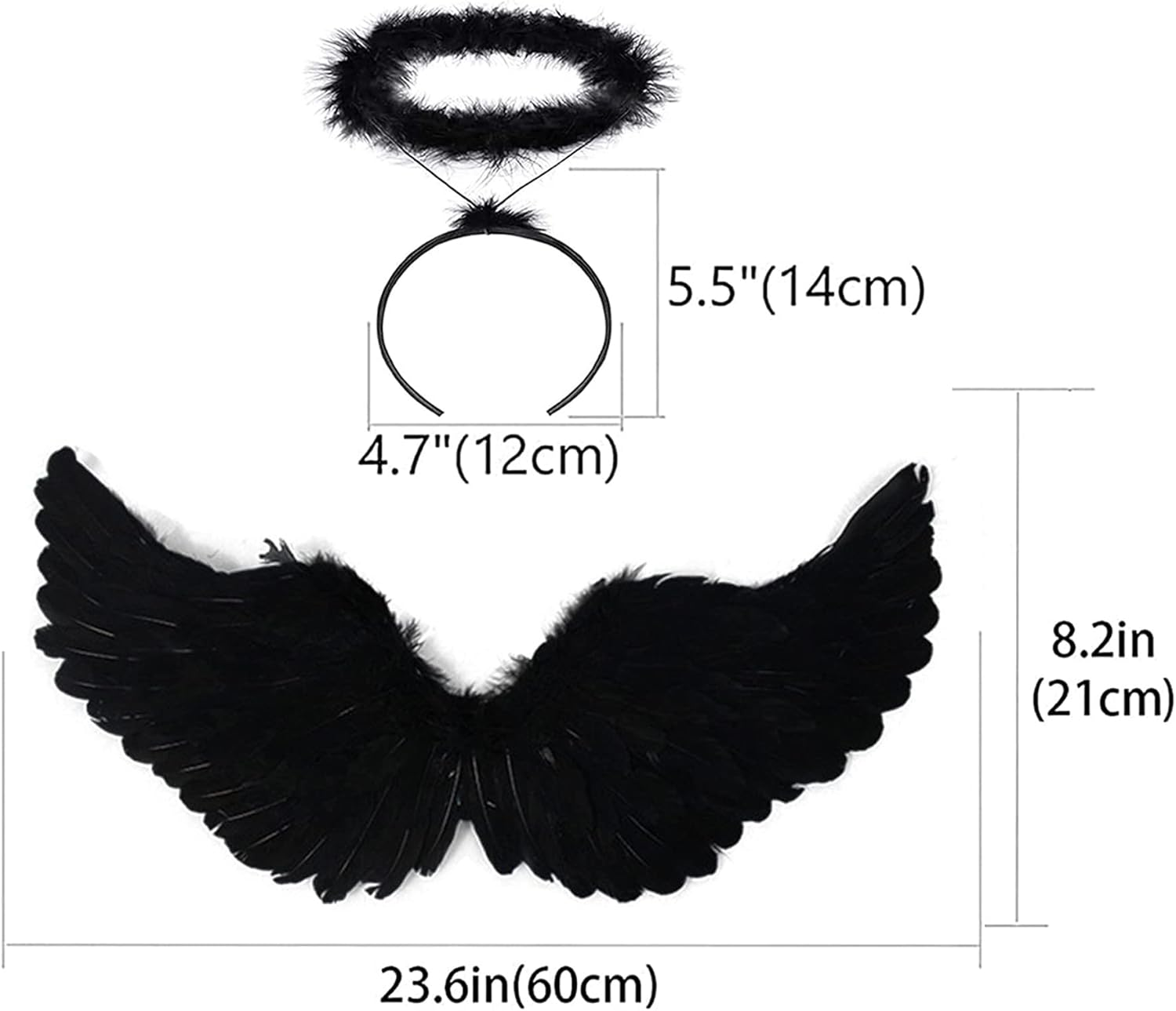 Angel Wings Black, 60 Cm Costume with Halo and Wand, Women'S and Girls' Black Feather Wings, Angel Decoration image number 6