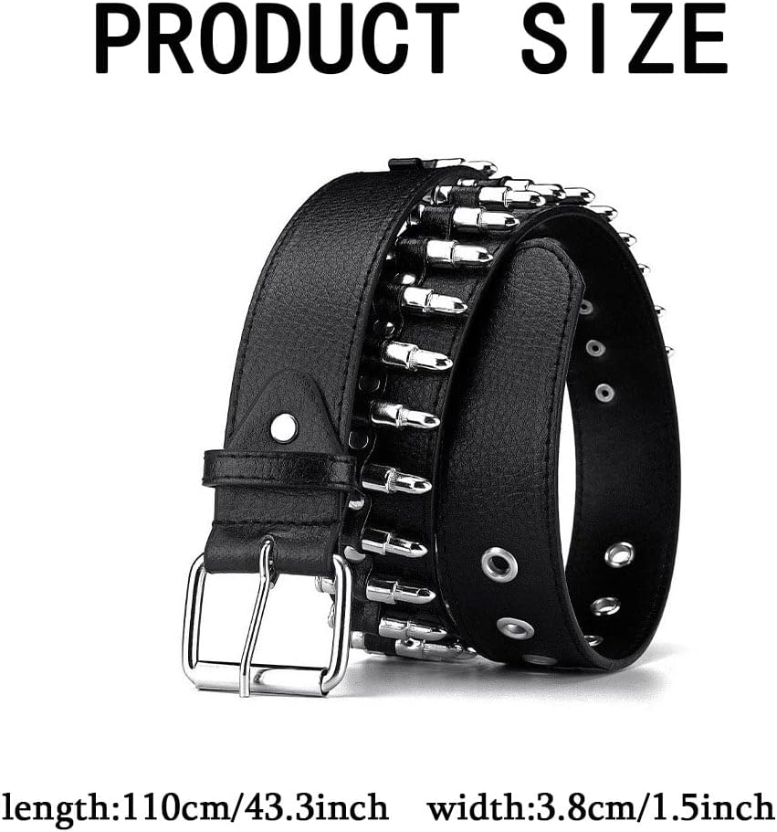 PEAFAN Bullet Studded Belt, Punk Rivet Belt Black Leather Rock Belt with Silver Bullet for Women Men Standard Size, Black image number 5