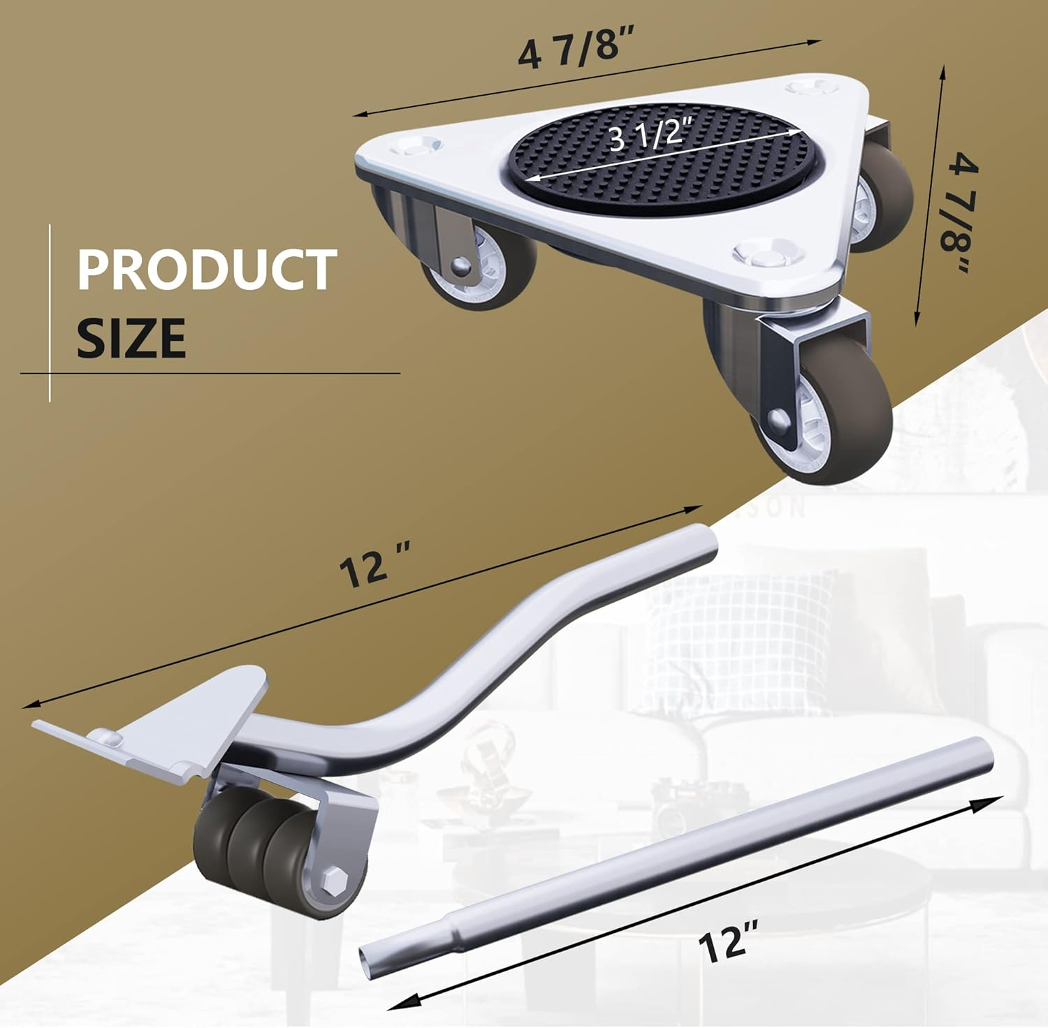 Furniture Mover by ONEON - 6 7/8" Steel Tri-Dolly, 3 Wheels Furniture Dolly for Moving, 720 LB Max Load Capacity (4 Pack Dolly + 1 Pack Lifter) image number 3
