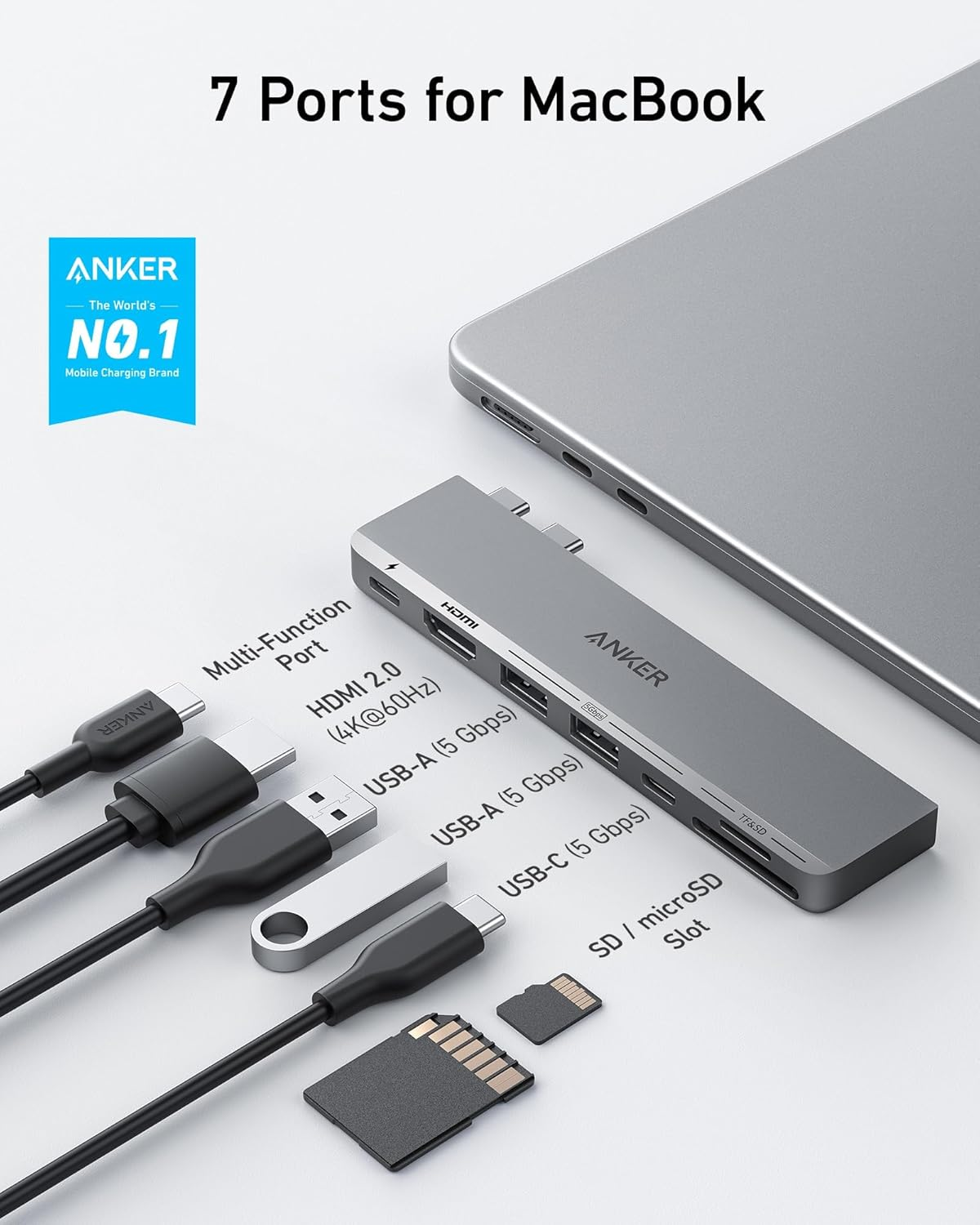 Anker USB C Hub for Macbook, Anker 547 USB-C Hub (7-In-2), Compatible with Thunderbolt 4 USB C Port, 4K HDMI, USB C and 2 USB a Data Ports for Macbook Pro 13 Inch, Macbook Air M1 / M2, and More image number 1