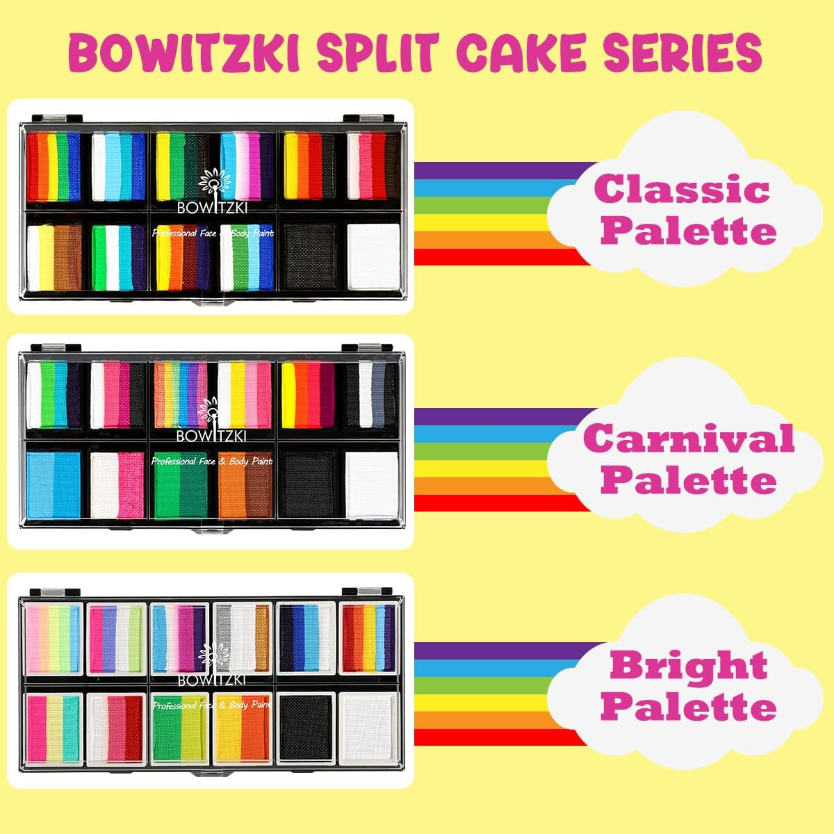 Bowitzki Face Paint 12X10 Gm Professional Body Painting Kit for Kids Adults Stencil One Stroke Split Cake Non Toxic Rainbow Flora Dolphin Unicorn Flame Makeup Halloween Christmas Easter - Bright Set