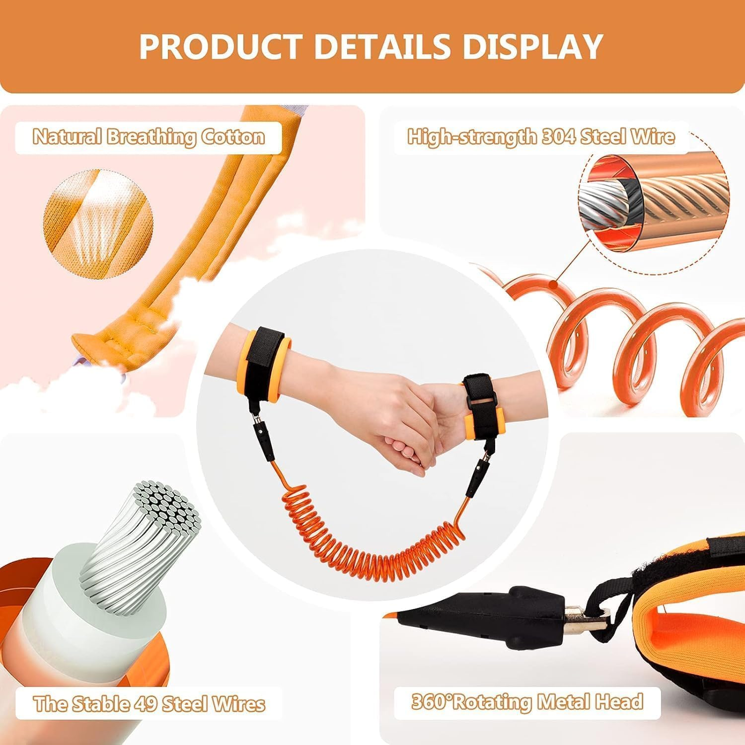 2.5M Anti-Lost Wrist Strap with 360&deg; Rotating Elastic Steel Wire, Safety Leash for Toddlers and Young Children - Ideal for Outdoor Walks and Travel (Orange) image number 6