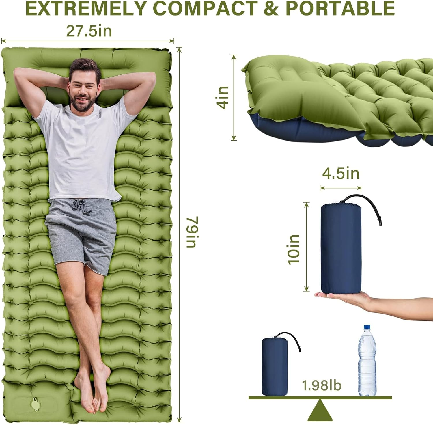 Camping Sleeping Pad, Extra Thickness Inflatable Sleeping Mat with Pillow Built-In Foot Pump, Compact Ultralight Waterproof Camping Air Mattress for Backpacking, Hiking, Tent image number 5