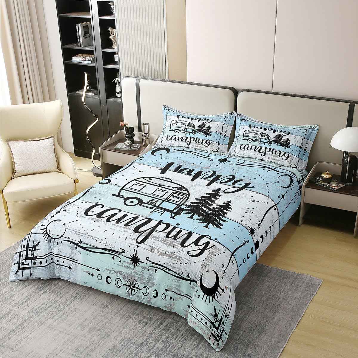 100% Natural Cotton Happy Camping 155 X 220 Cm Comfort Cover, Camper Bed Linen Set, Travel Watercolour Wooden Duvet Cover, Bohemian Style Duvet Cover with Zip Closure, Colourful Bedroom Decor image number 3