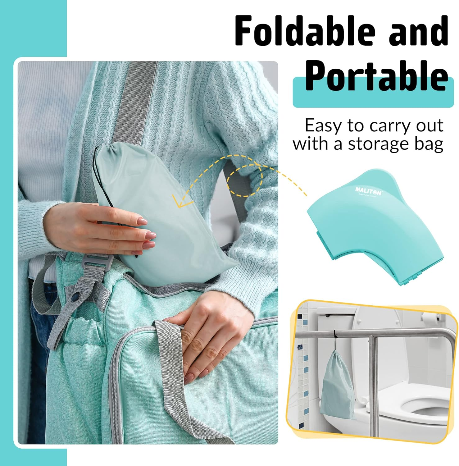Maliton Travel Potty Seat for Toddler & Kid Travel, Portable Foldable Potty Seat with Storage Bag, Non-Slip Potty Training Toilet Seat Cover Wth Splash Guard (Aqua Green) - Aqua Green image number 6