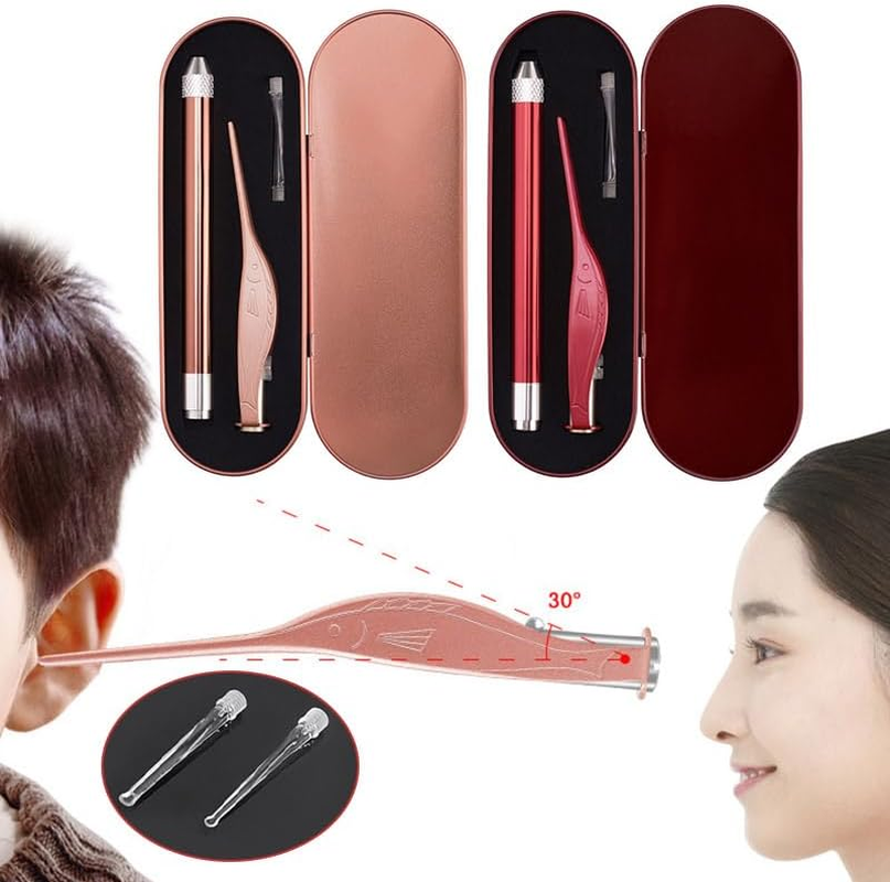 Ear Pick, 2PCS Stainless Steel Illuminated Earwax Removal Kit with Storage Box, High Safety LED Lighted Ear Wax Cleaner Tweezers for Kids (Rose Gold) - Rose Gold image number 4
