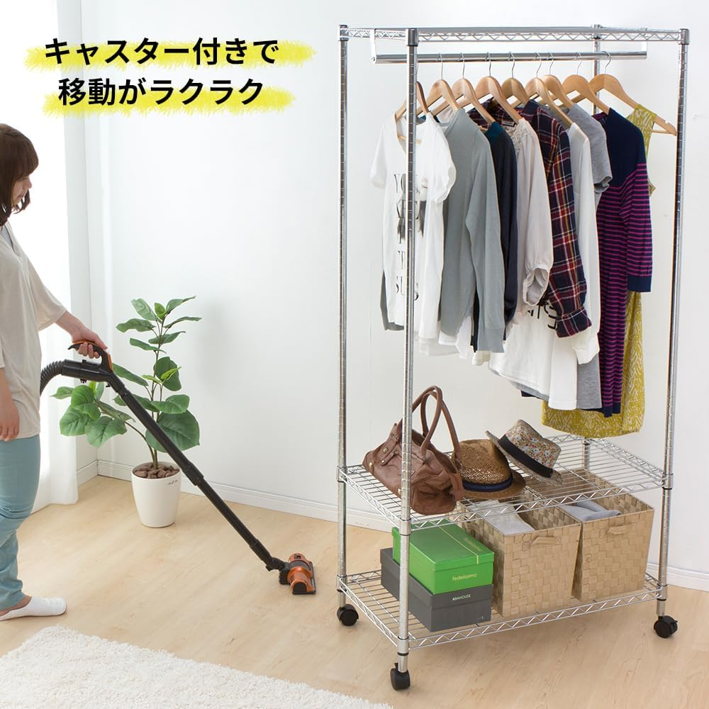 Iris Ohyama SEW-913E Metal Rack, Wardrobe, 3 Tiers, with Casters, Pole Diameter 1.0 Inches (25 Mm), Width 35.8 X Depth 18.1 X Height 70.1 Inches (91 X 46 X 178.5 Cm), Metal Shelf, Chrome Plated image number 2